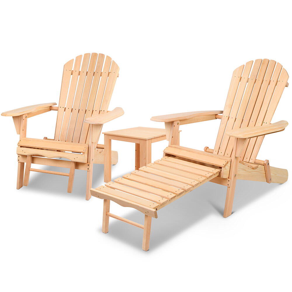 Gardeon 3PC Adirondack Outdoor Table and Chairs? Wooden Sun Lounge Beach Patio