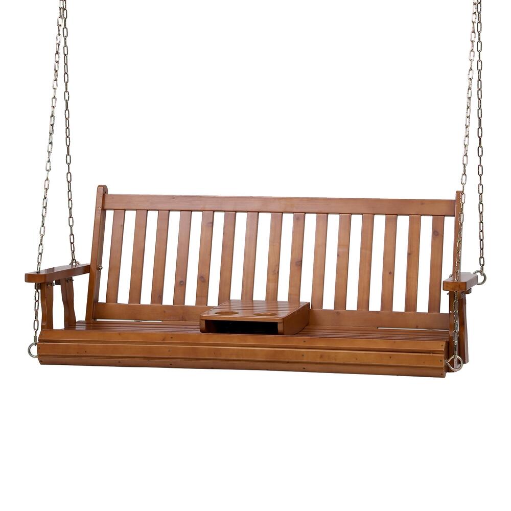 Gardeon Porch Outdoor Swing Chair Patio Furniture Wooden Bench 2 Seat Cup Holder