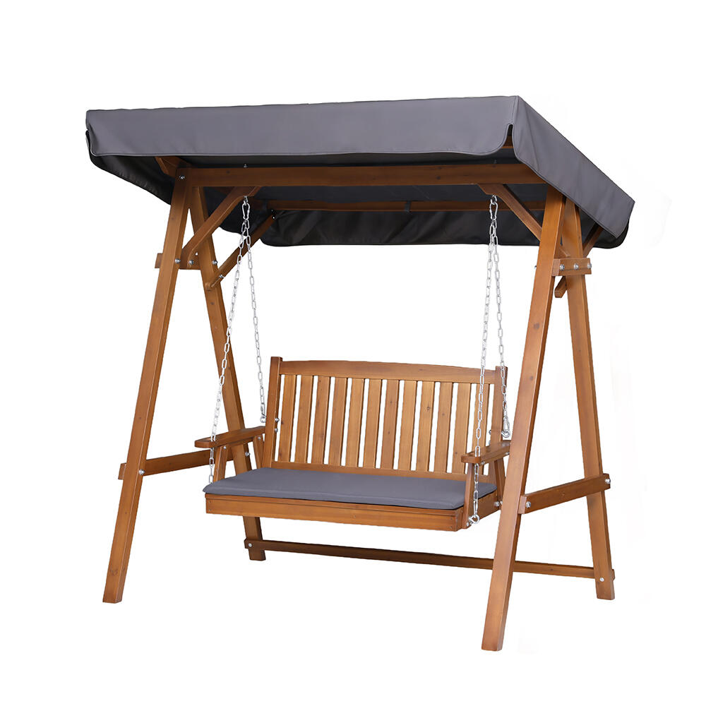 Gardeon Outdoor Wooden Swing Chair Garden Bench Canopy Cushion 2 Seater Teak