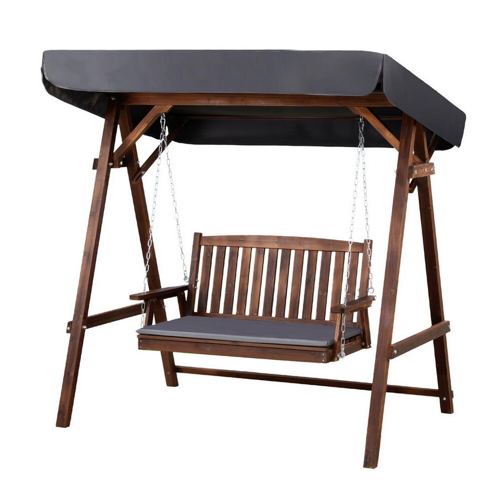Gardeon Outdoor Wooden Swing Chair Garden Bench Canopy Cushion 2 Seater Charcoal
