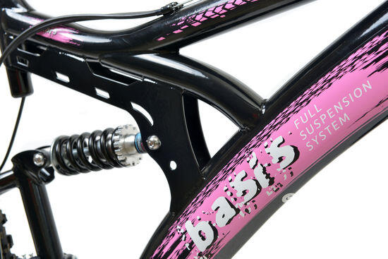 Basis 1 Full Suspension Mountain Bike 26in Wheel 18 Speed Black Pink BASIS Decathlon