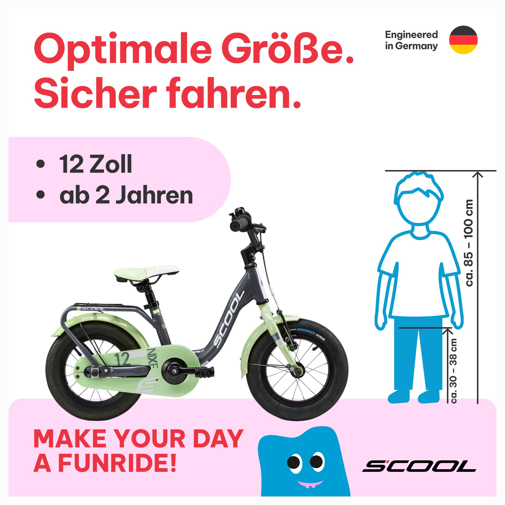 niXe, 12 Zoll Kinderfahrrad, 1-Gang, Dunkelgrau/Hellgrün, 85–100 cm, ab 2 Jahre 2/7