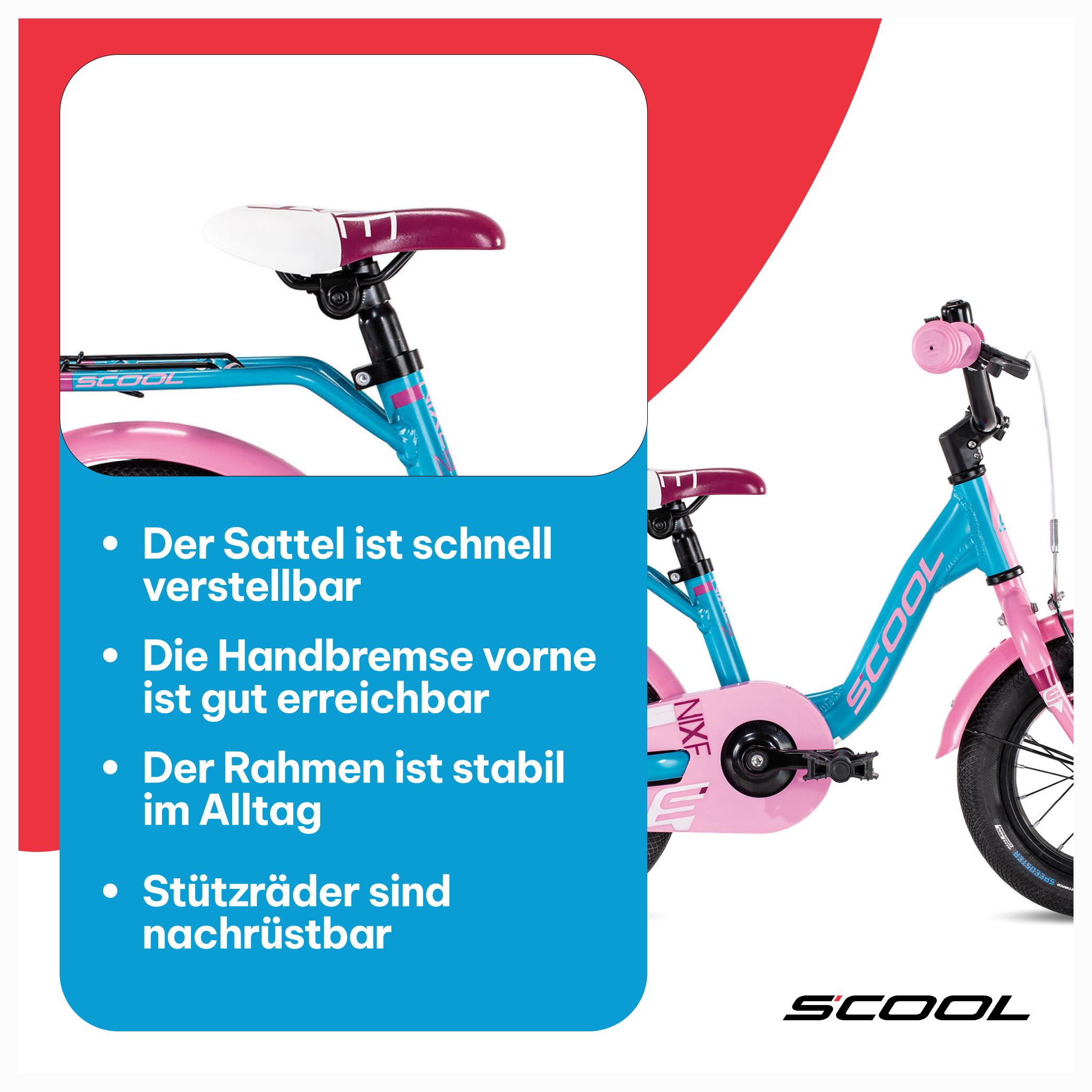 niXe, 12 Zoll Kinderfahrrad, 1-Gang, Türkis/Rosa, ca. 85–100 cm, ab 2 Jahre 7/8
