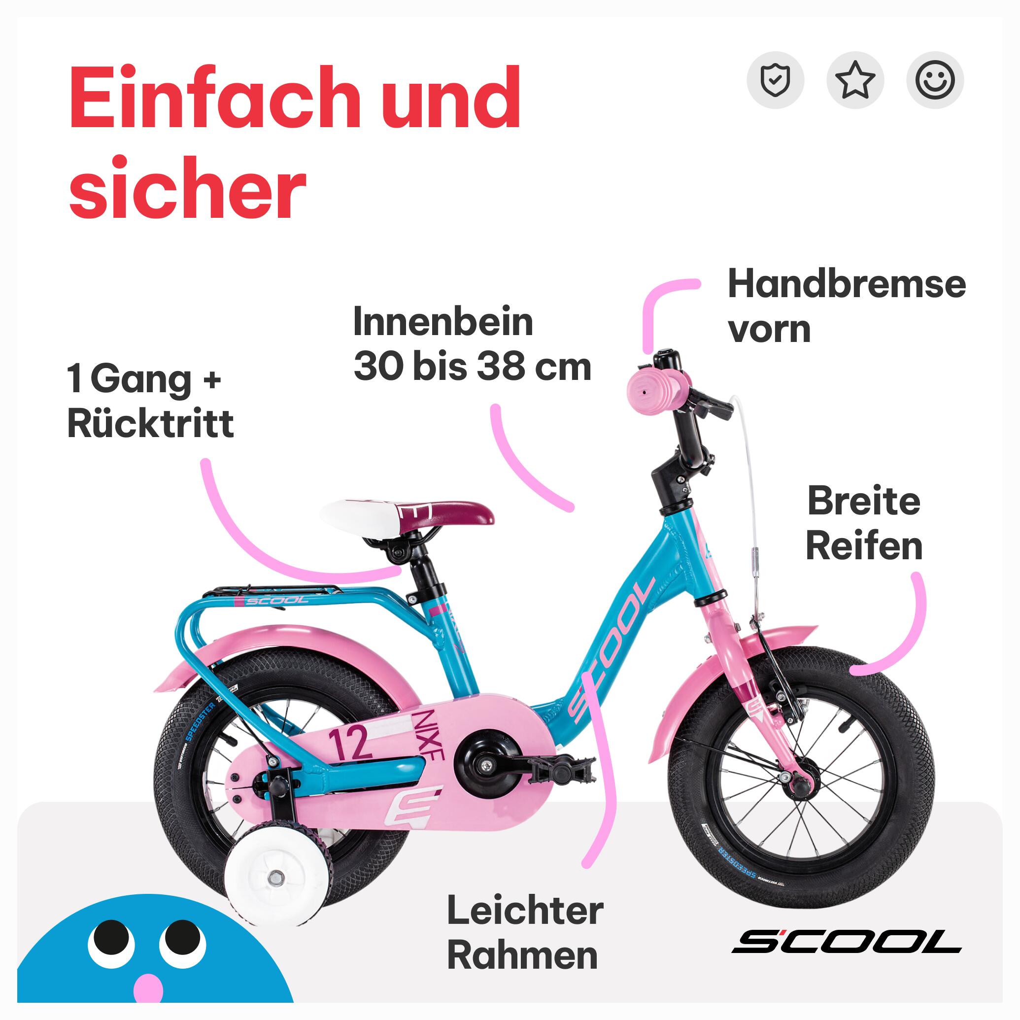 niXe, 12 Zoll Kinderfahrrad, 1-Gang, Türkis/Rosa, ca. 85–100 cm, ab 2 Jahre 5/8