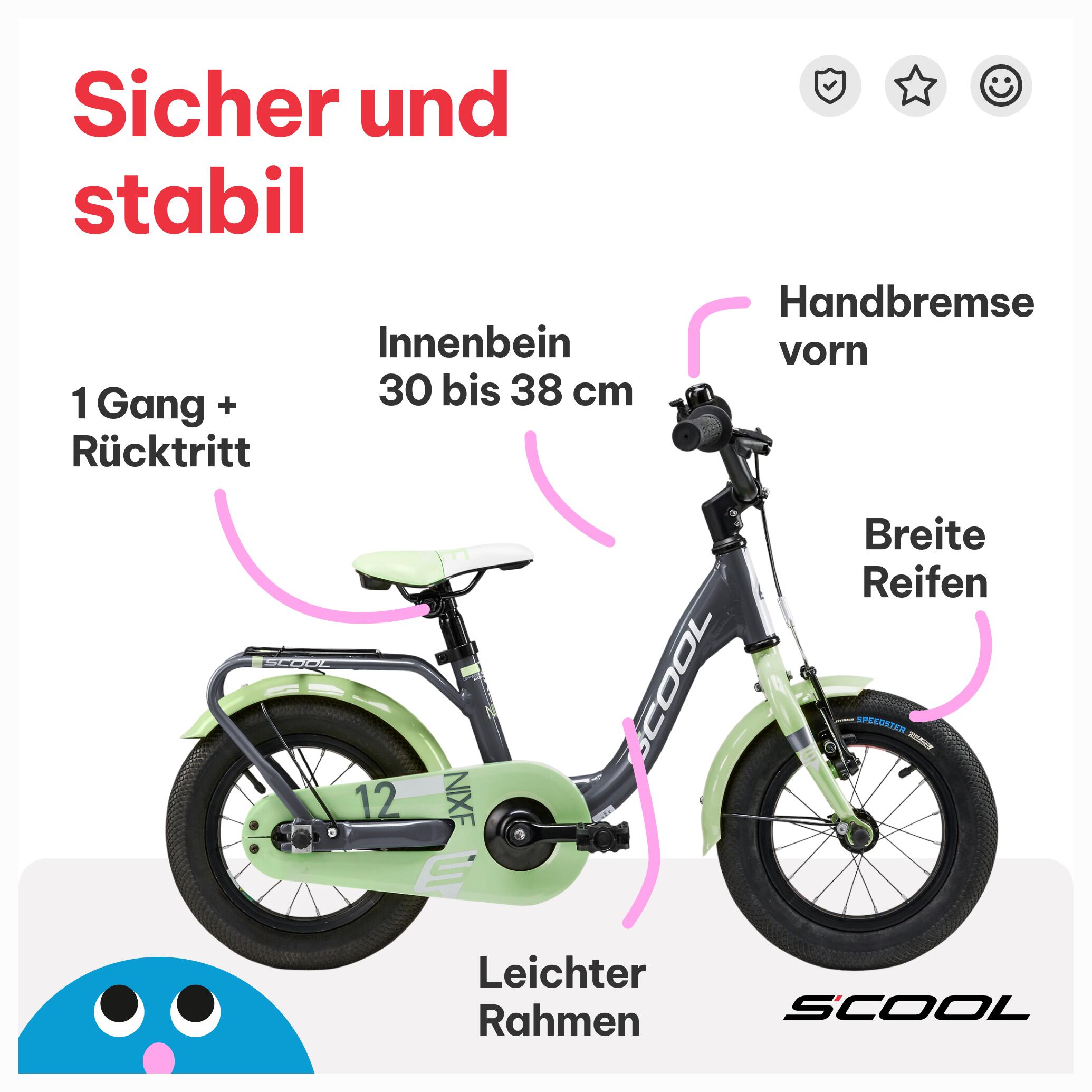 niXe, 12 Zoll Kinderfahrrad, 1-Gang, Dunkelgrau/Hellgrün, 85–100 cm, ab 2 Jahre 5/7
