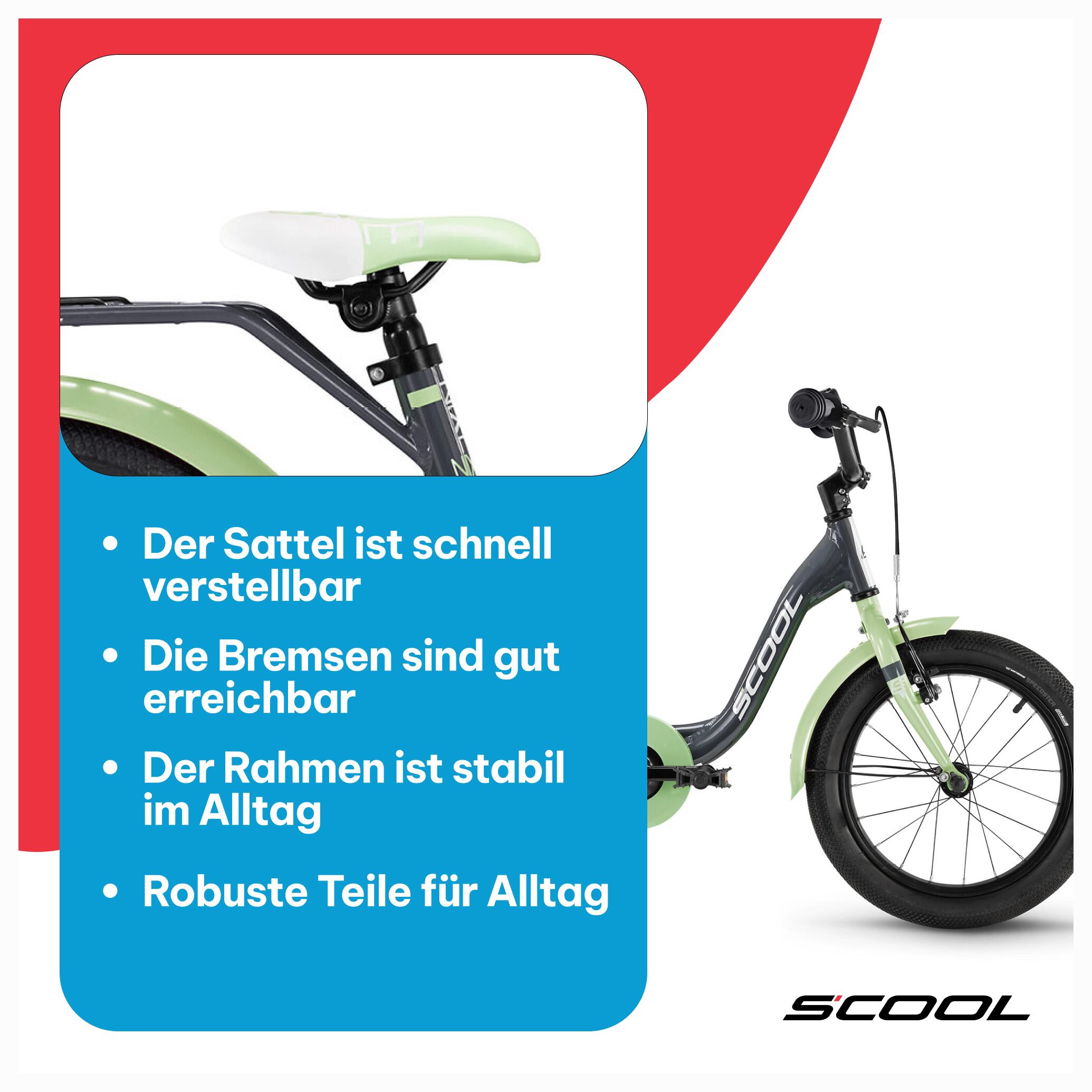 niXe, 16 Zoll Kinderfahrrad, 1-Gang, Dunkelgrau/Hellgrün, 100–115 cm, 4–6 Jahre 7/7