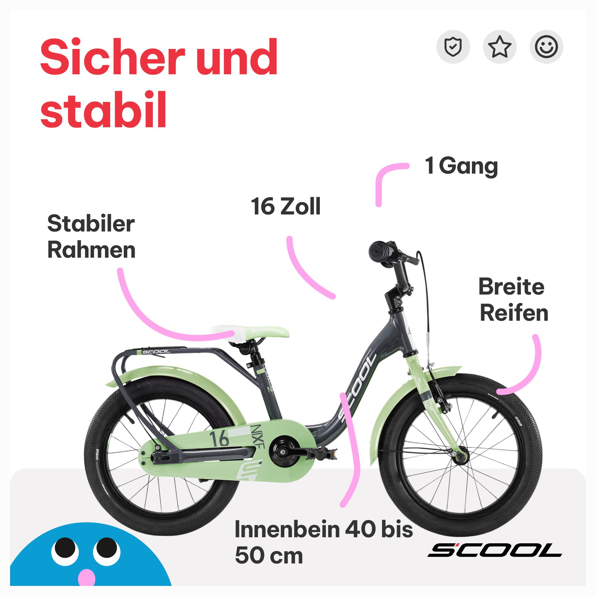 niXe, 16 Zoll Kinderfahrrad, 1-Gang, Dunkelgrau/Hellgrün, 100–115 cm, 4–6 Jahre 5/7