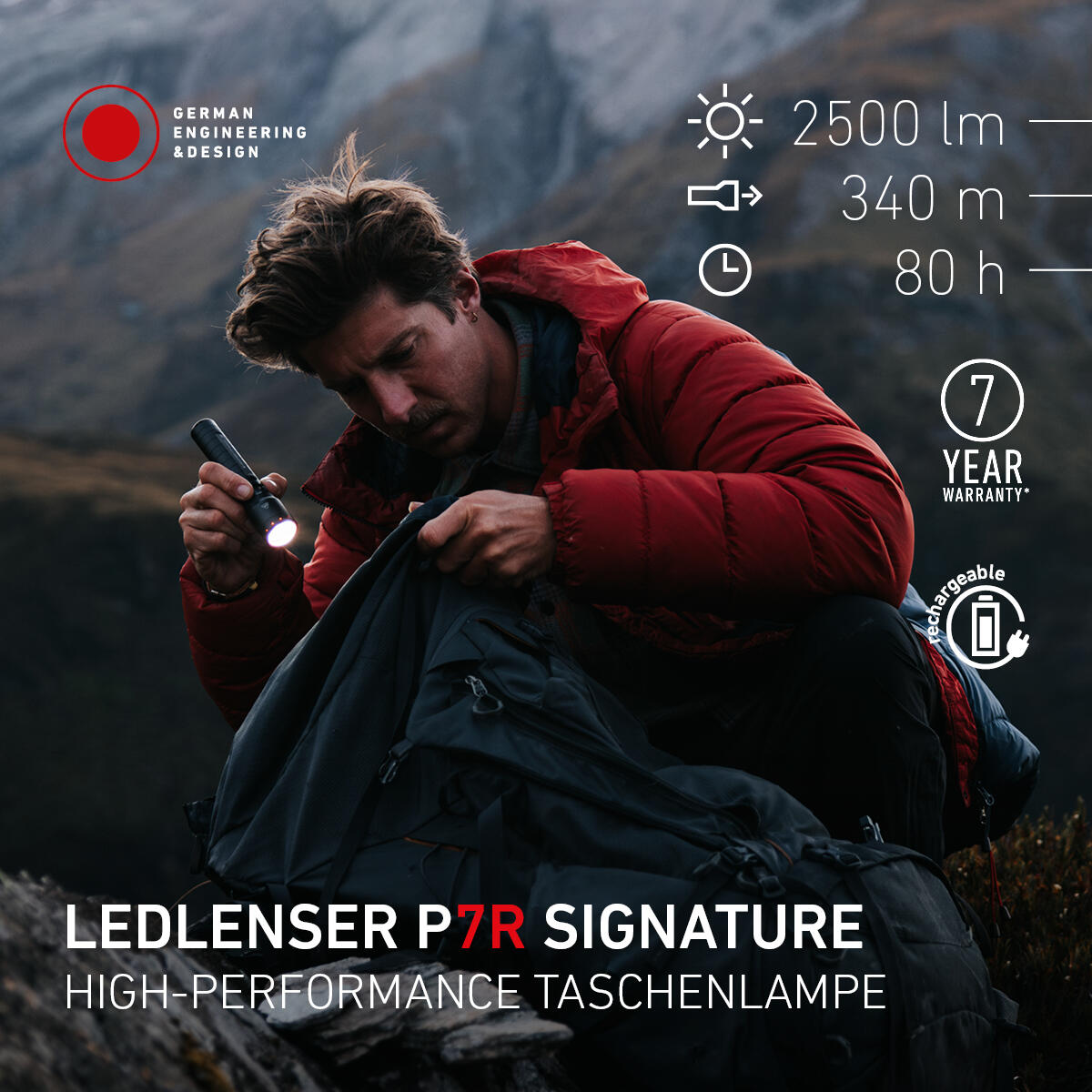 Lampe torche LED rechargeable – 2500lm, IP68, portée 340m, USB-C – P7R SIGNATURE 4/7