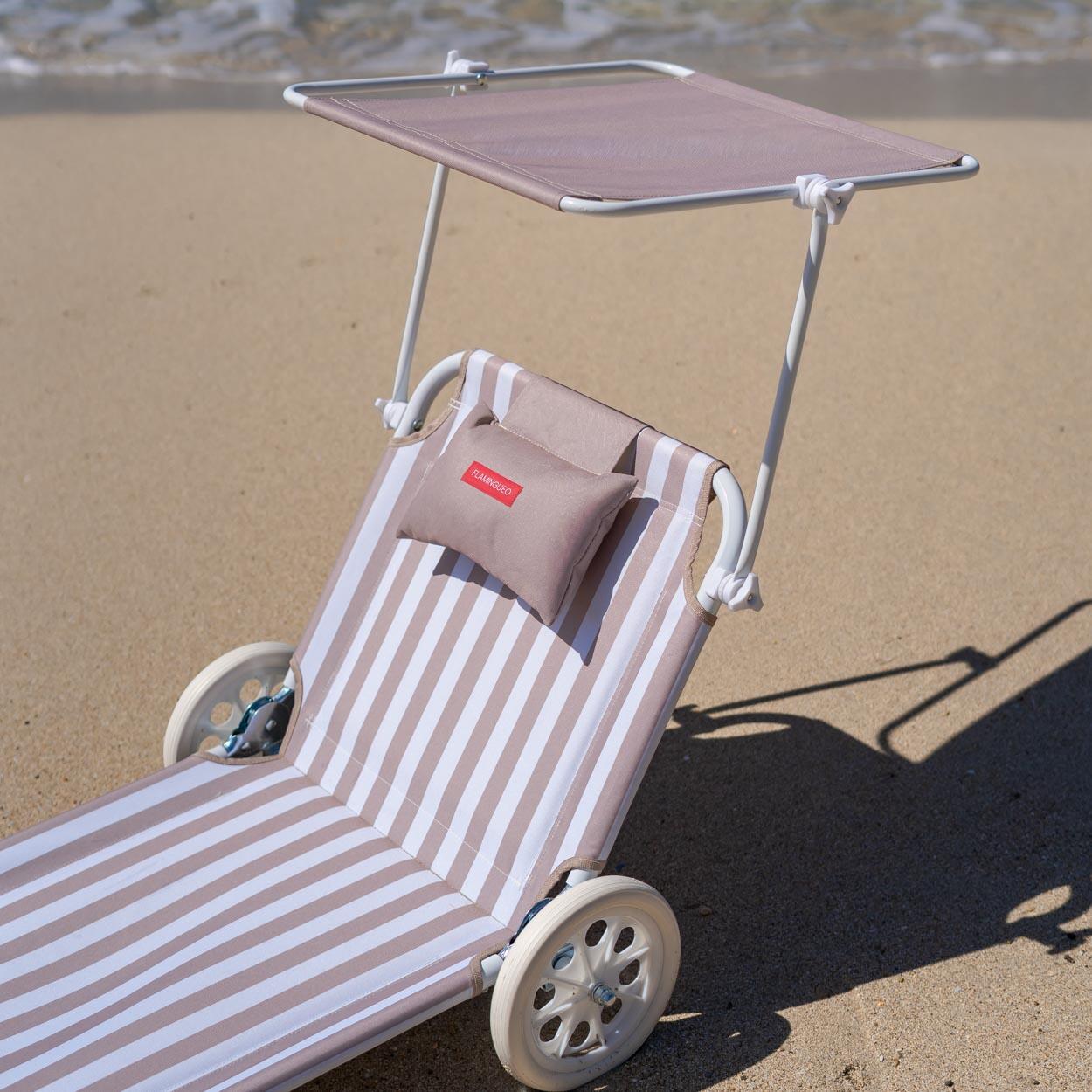 Flamingueo silla playa tumbona plegable parasol poliéster beige 6/6