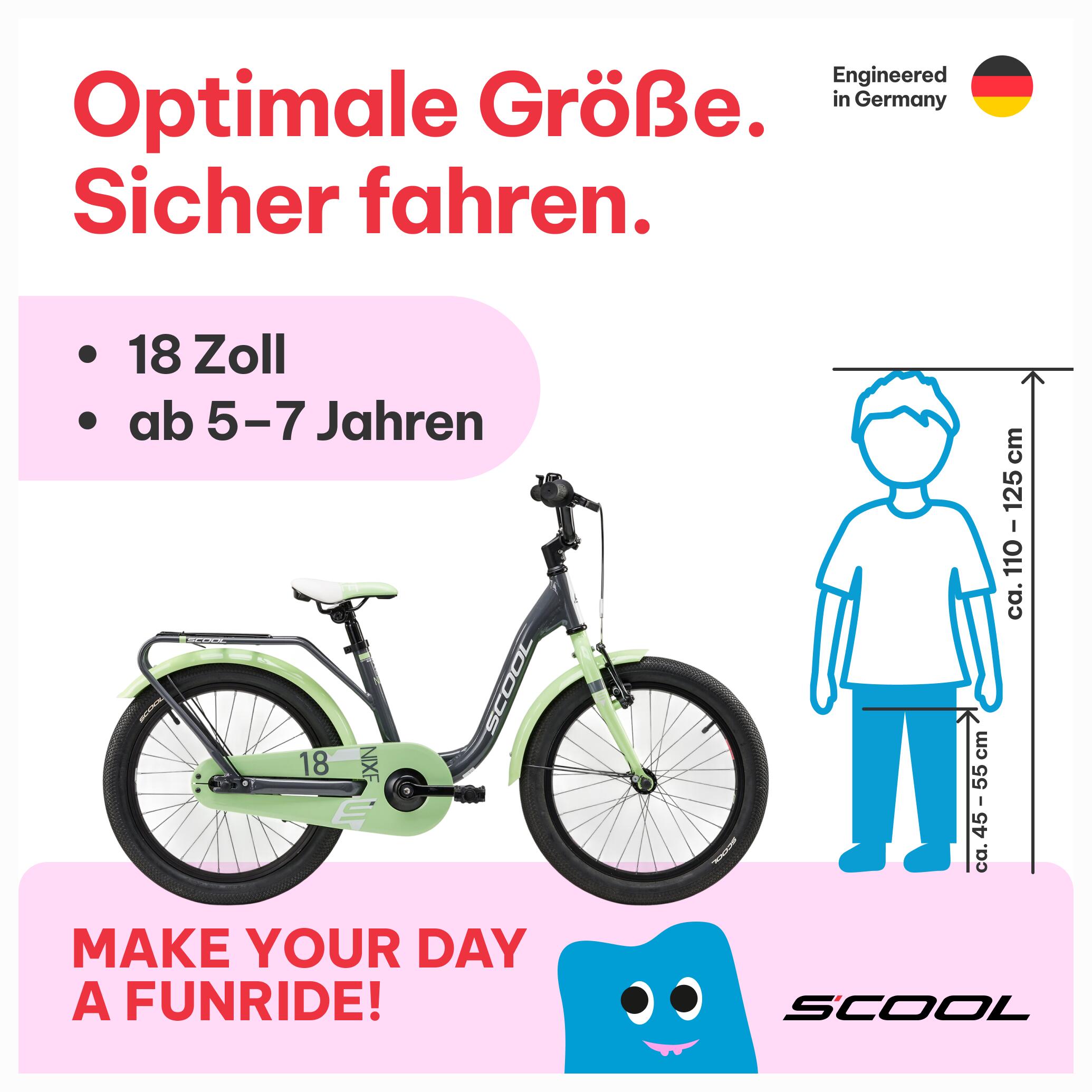 niXe, 18 Zoll Kinderfahrrad, 1-Gang, Dunkelgrau/Hellgrün, 110–125 cm, 5–7 Jahre 2/7