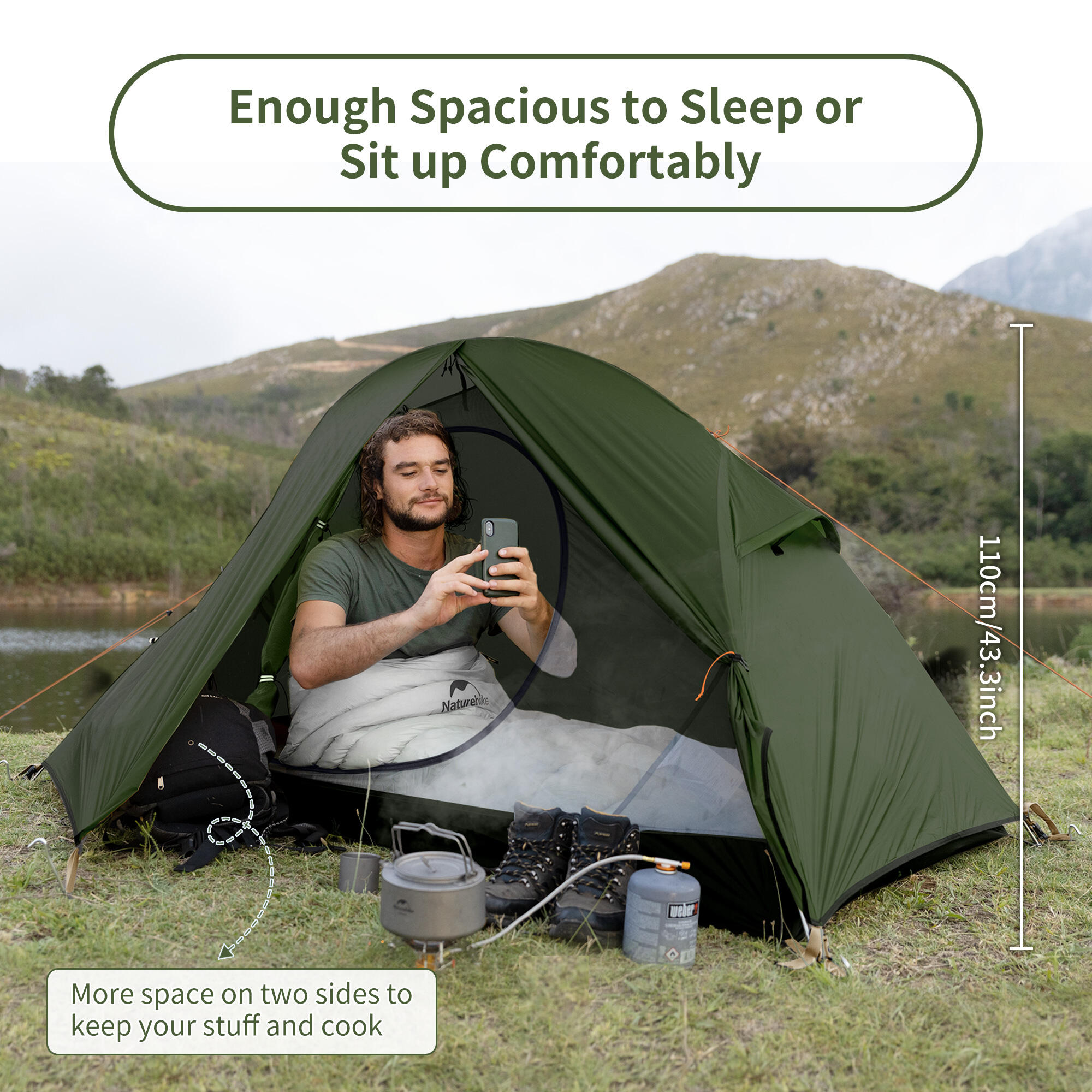 Cycling ultralight 1 person 20D tent and mats - green 3/7