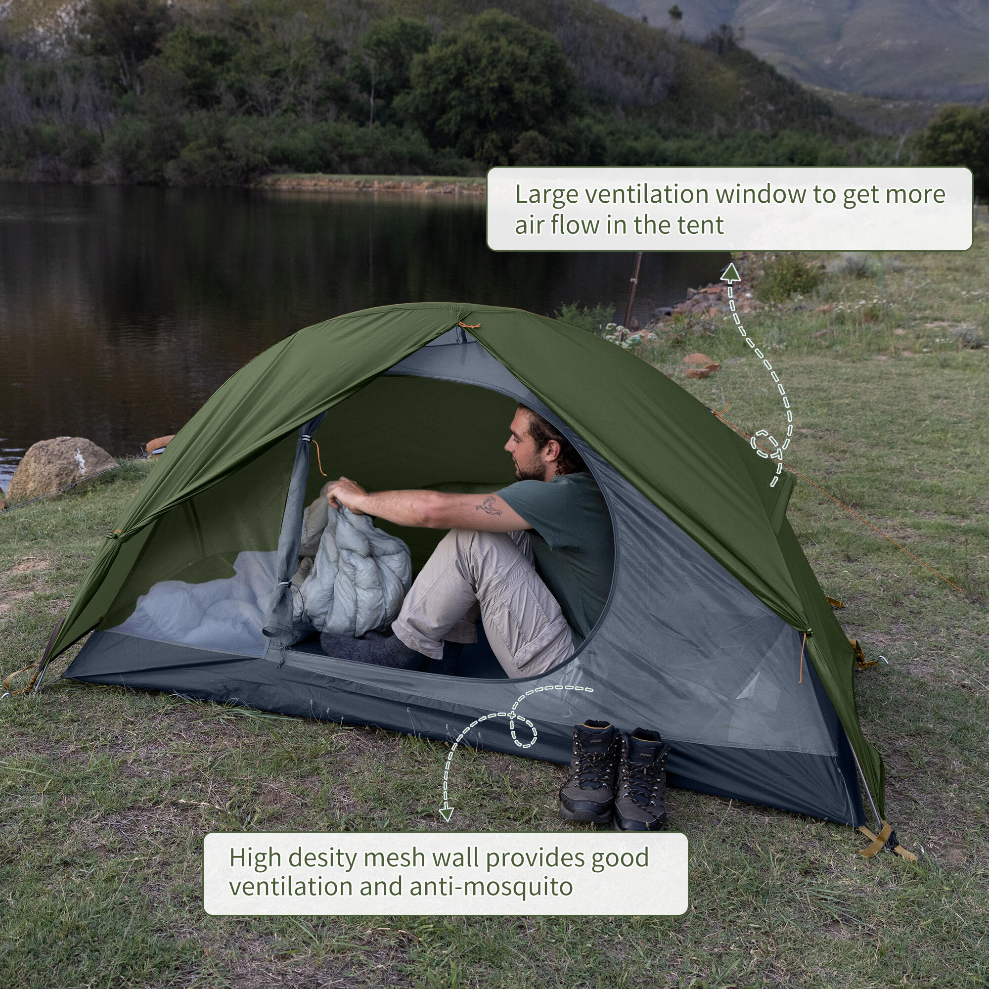 Cycling ultralight 1 person 20D tent and mats - green 4/7