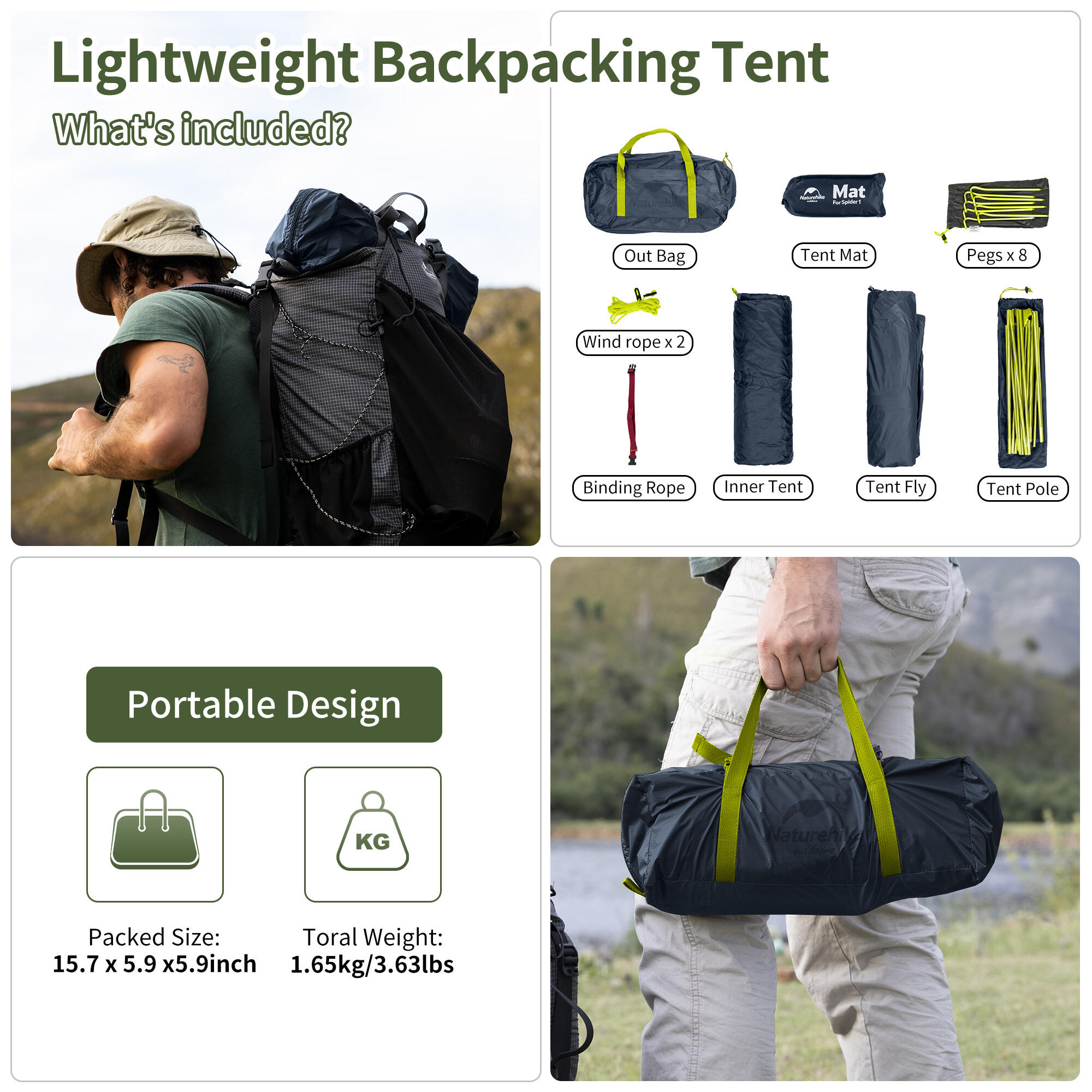 Cycling ultralight 1 person 20D tent and mats - green 6/7