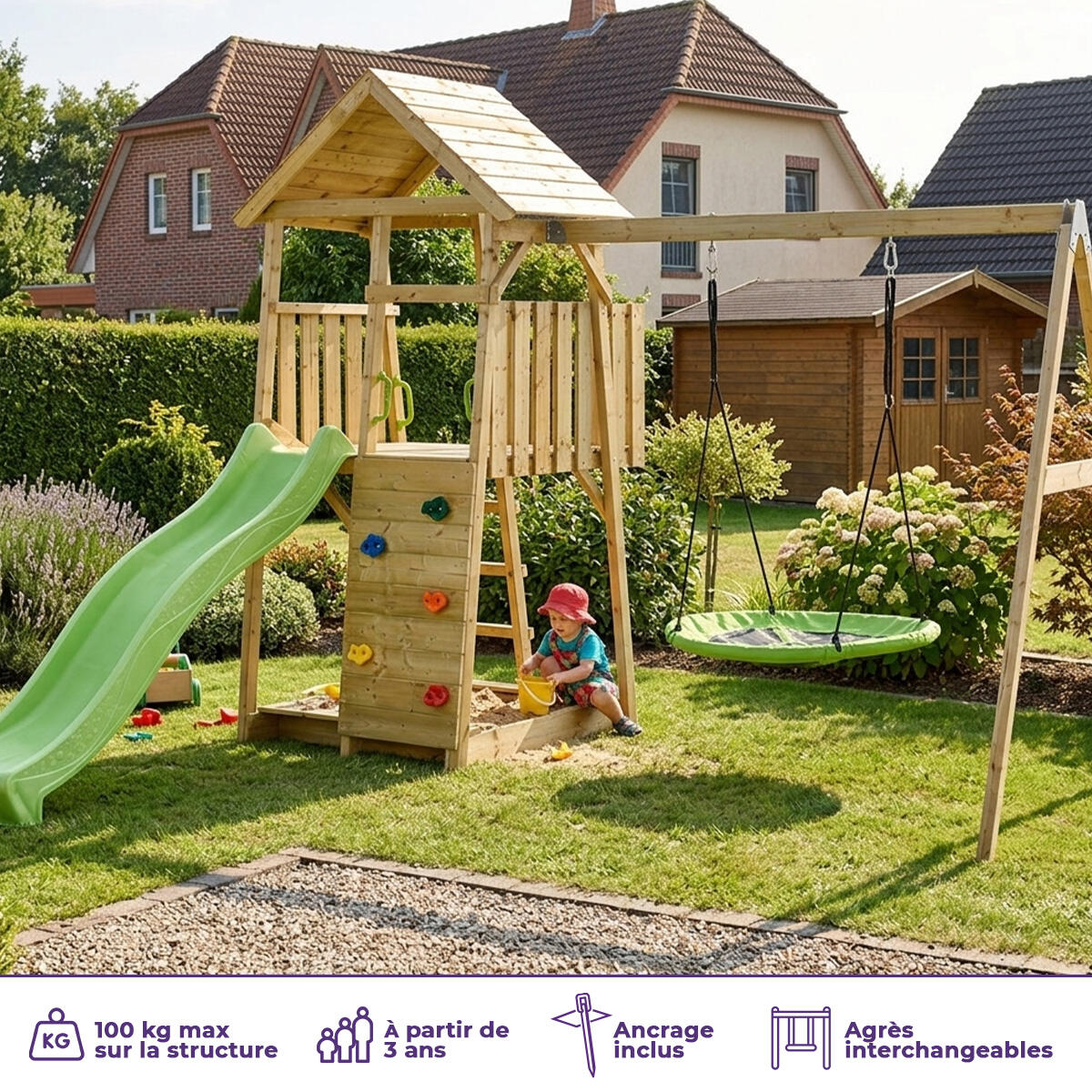 Aire de jeux bois, 2 balançoires, nid, toboggan, escalade, bac à sable WOODI 2/5