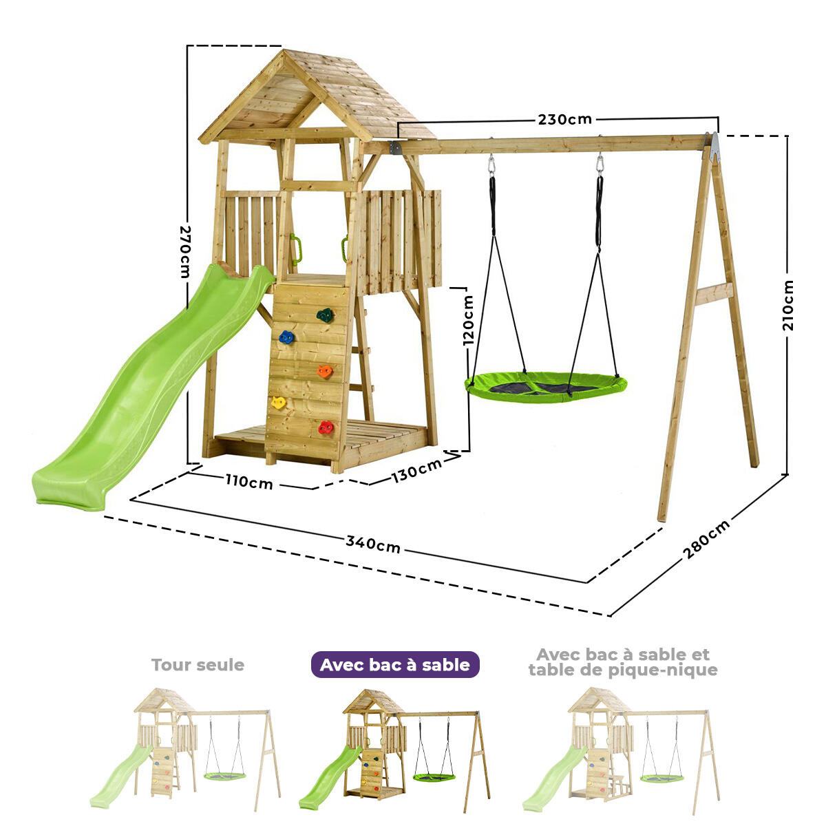 Aire de jeux bois, 2 balançoires, nid, toboggan, escalade, bac à sable WOODI 4/5