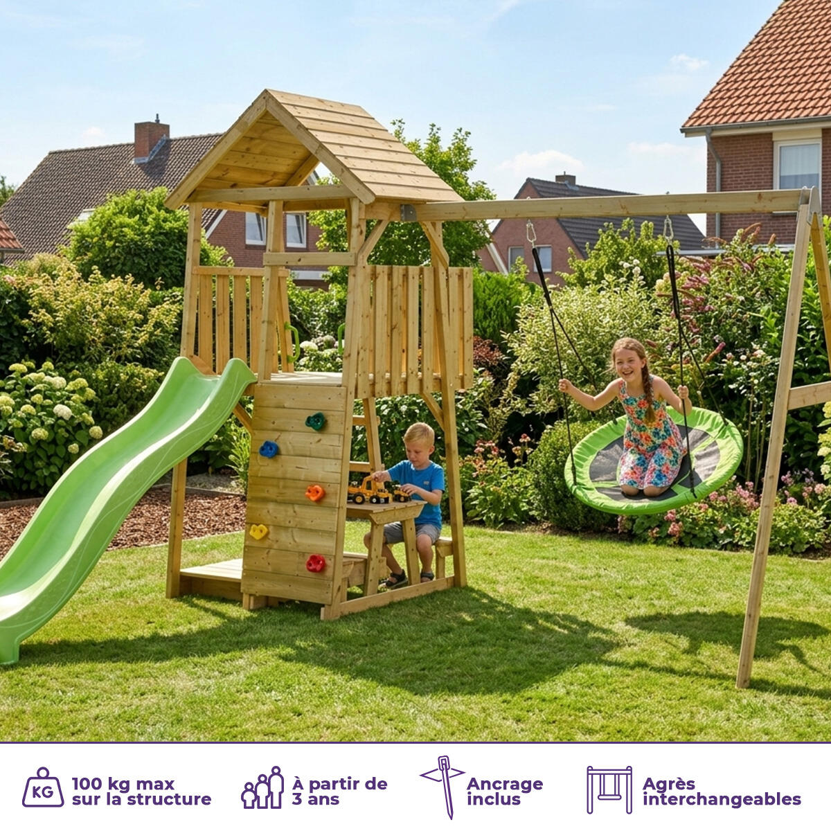 Aire de jeux : balançoire, nid, toboggan, escalade, bac à sable, table WOODI 2/5