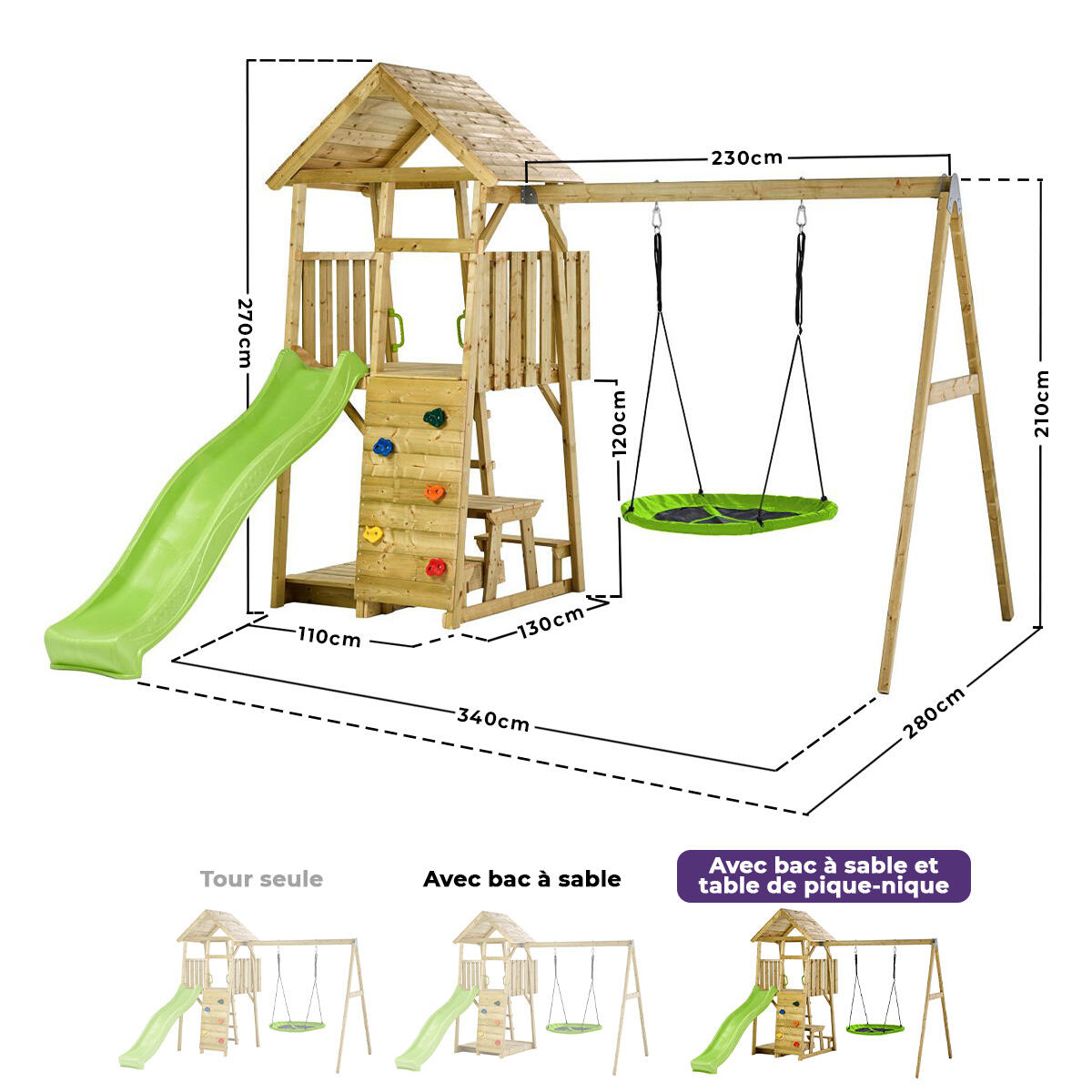 Aire de jeux : balançoire, nid, toboggan, escalade, bac à sable, table WOODI 4/5