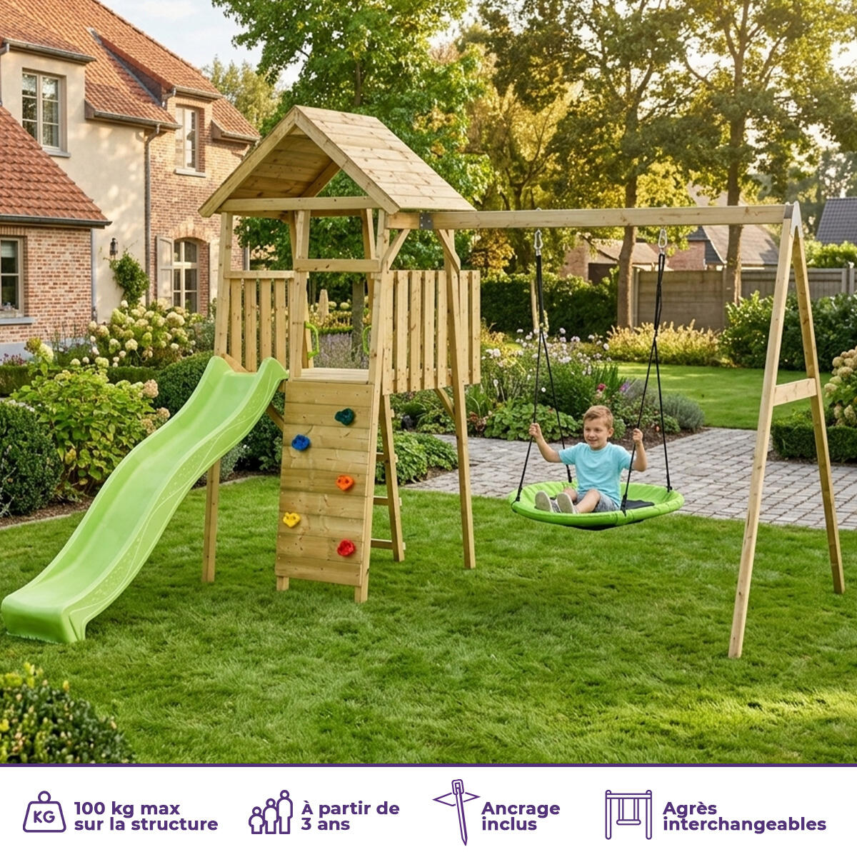 Aire de jeux bois, 2 balançoires, nid, toboggan, escalade, cabane WOODI 2/5