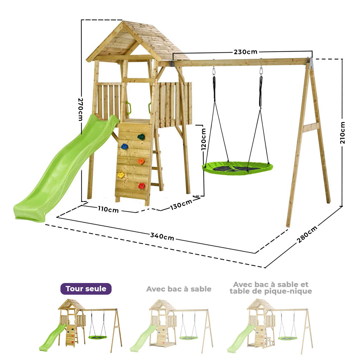 Aire de jeux bois, 2 balançoires, nid, toboggan, escalade, cabane WOODI 4/5
