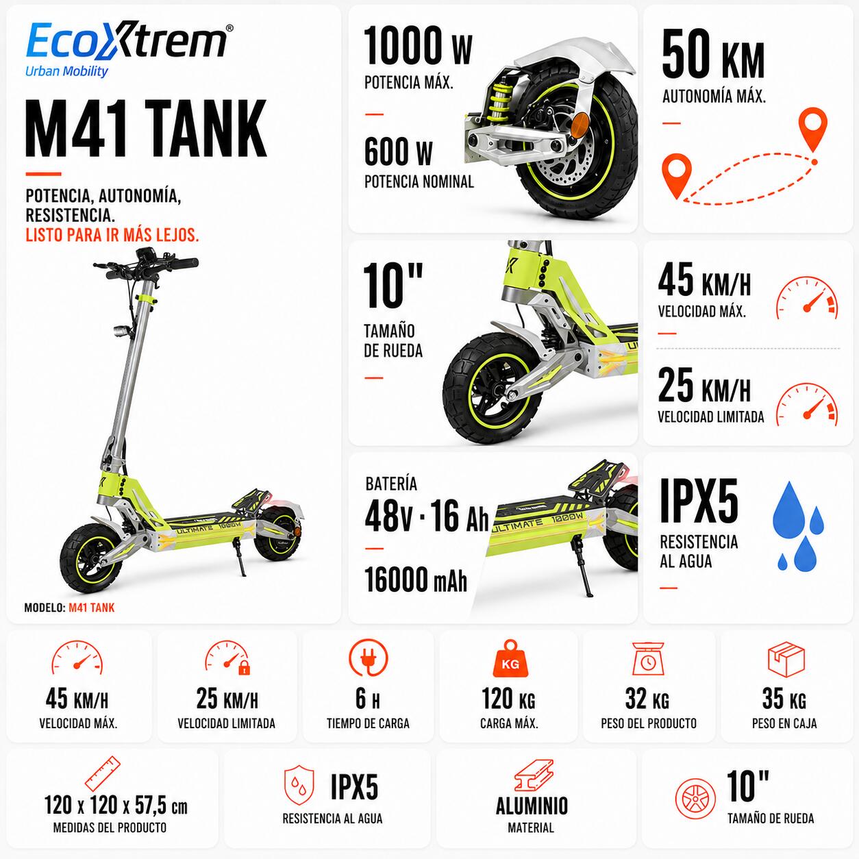 Trottinette Électrique Ecoxtrem M41 Tank, 1200W, 16000mAh, 50km, Homologuée DGT 3/5