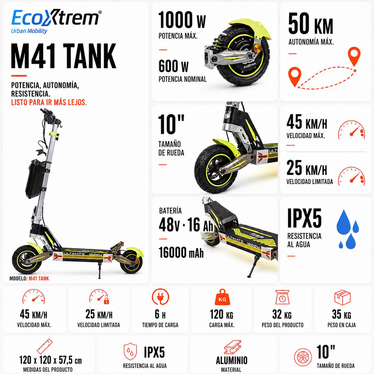 Trottinette Électrique Ecoxtrem M41 Tank, 1200W, 16000mAh, 50km, Homologuée DGT 3/4
