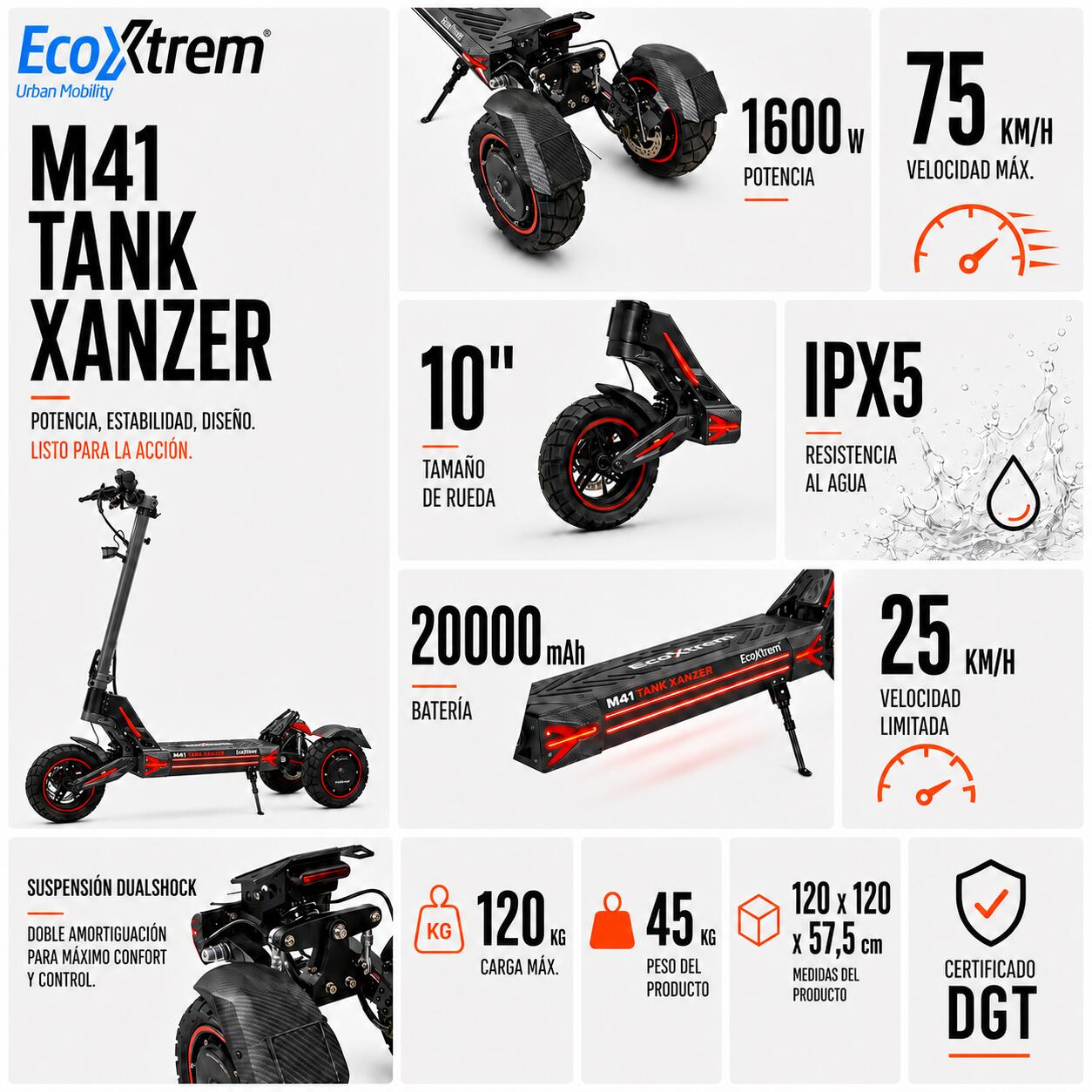 Trottinette Électrique M41 TANK Xanzer Double Moteur 2000W | DGT 2026 | 48V 20Ah 3/5