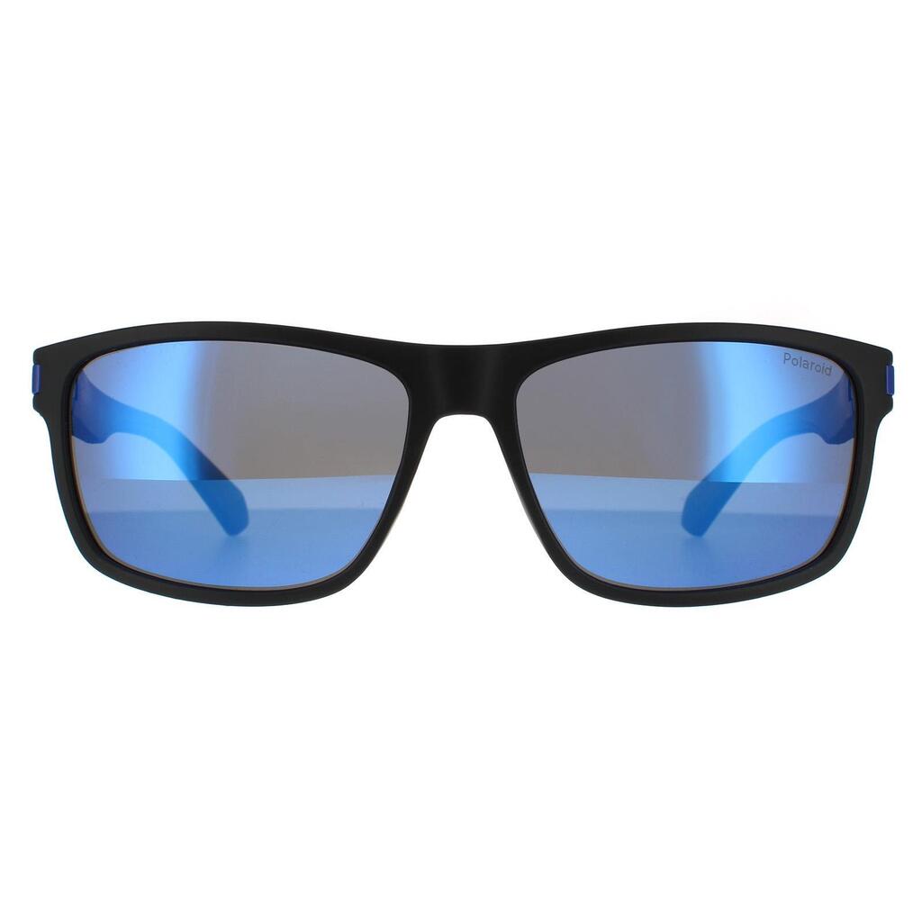 Polaroid Rectangle Mens Matte Black Blue Blue Mirror Polarized Sunglasses