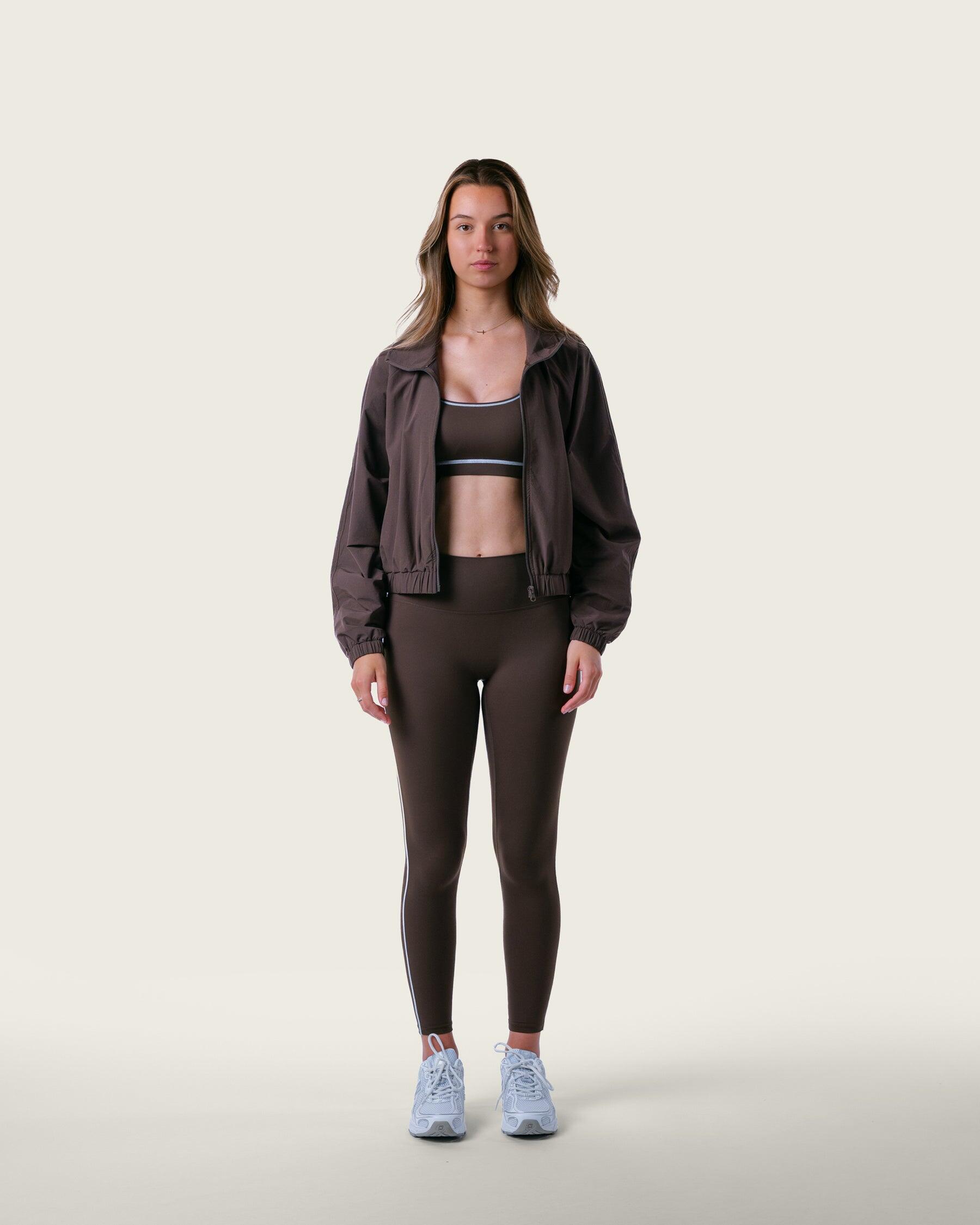 Veste de survêtement femme courte tissée zippée fitness streetwear – marron 2/6