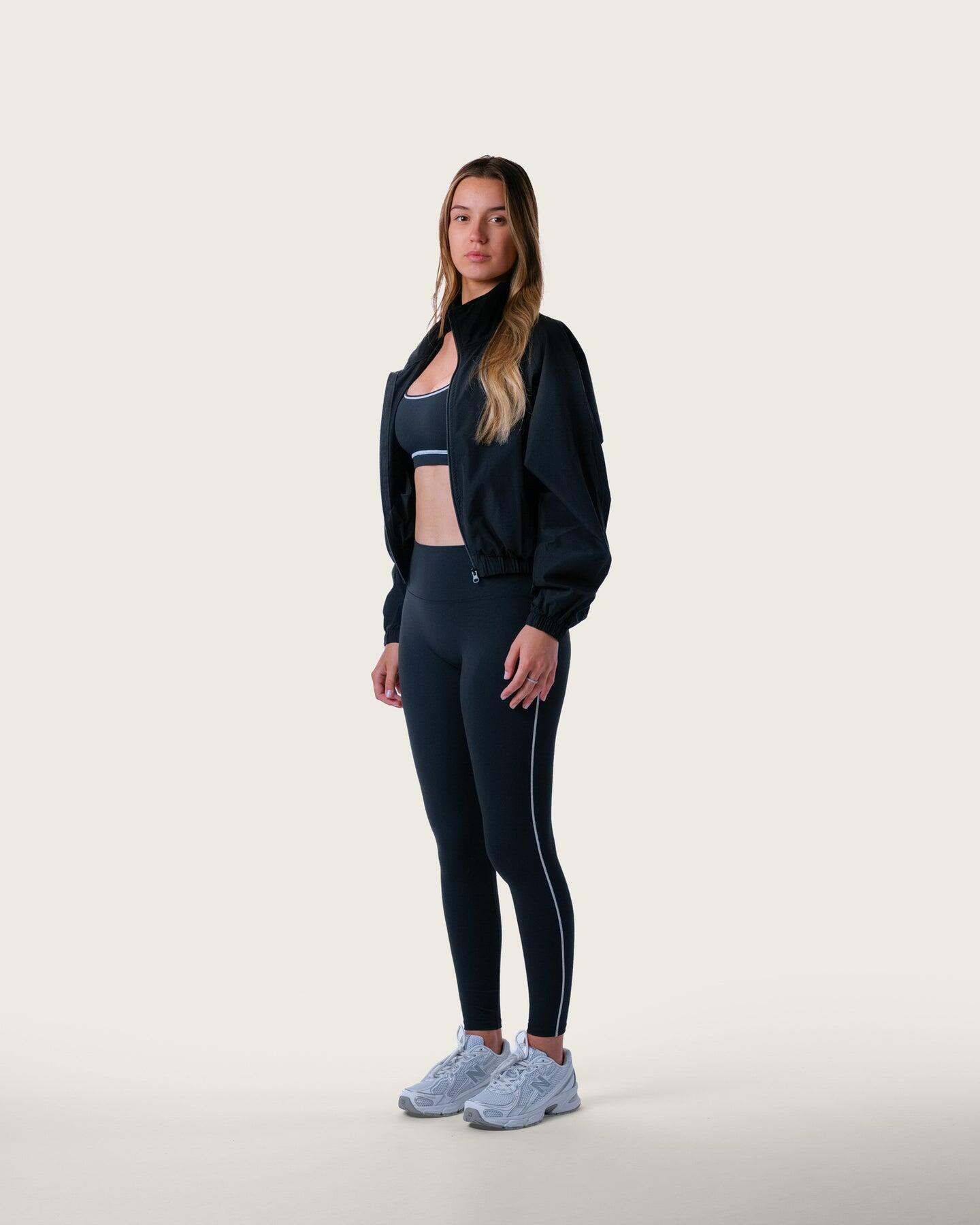 Veste de survêtement femme courte tissée zippée fitness streetwear – noir 3/6