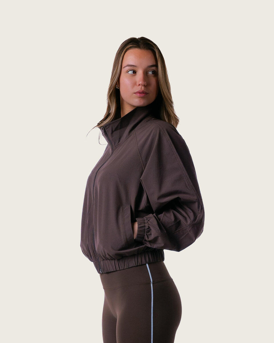 Veste de survêtement femme courte tissée zippée fitness streetwear – marron 3/6