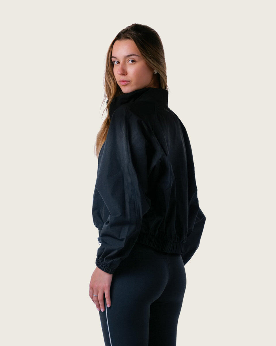 Veste de survêtement femme courte tissée zippée fitness streetwear – noir 2/6