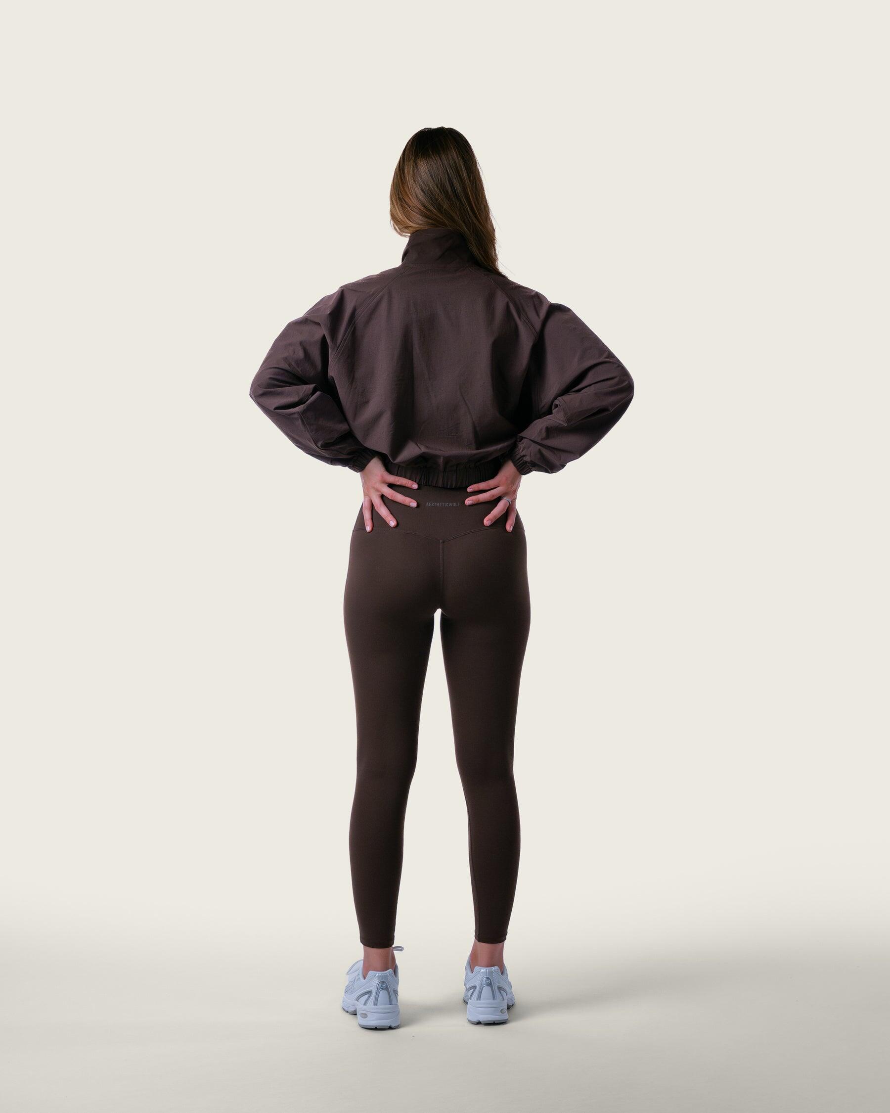 Veste de survêtement femme courte tissée zippée fitness streetwear – marron 6/6