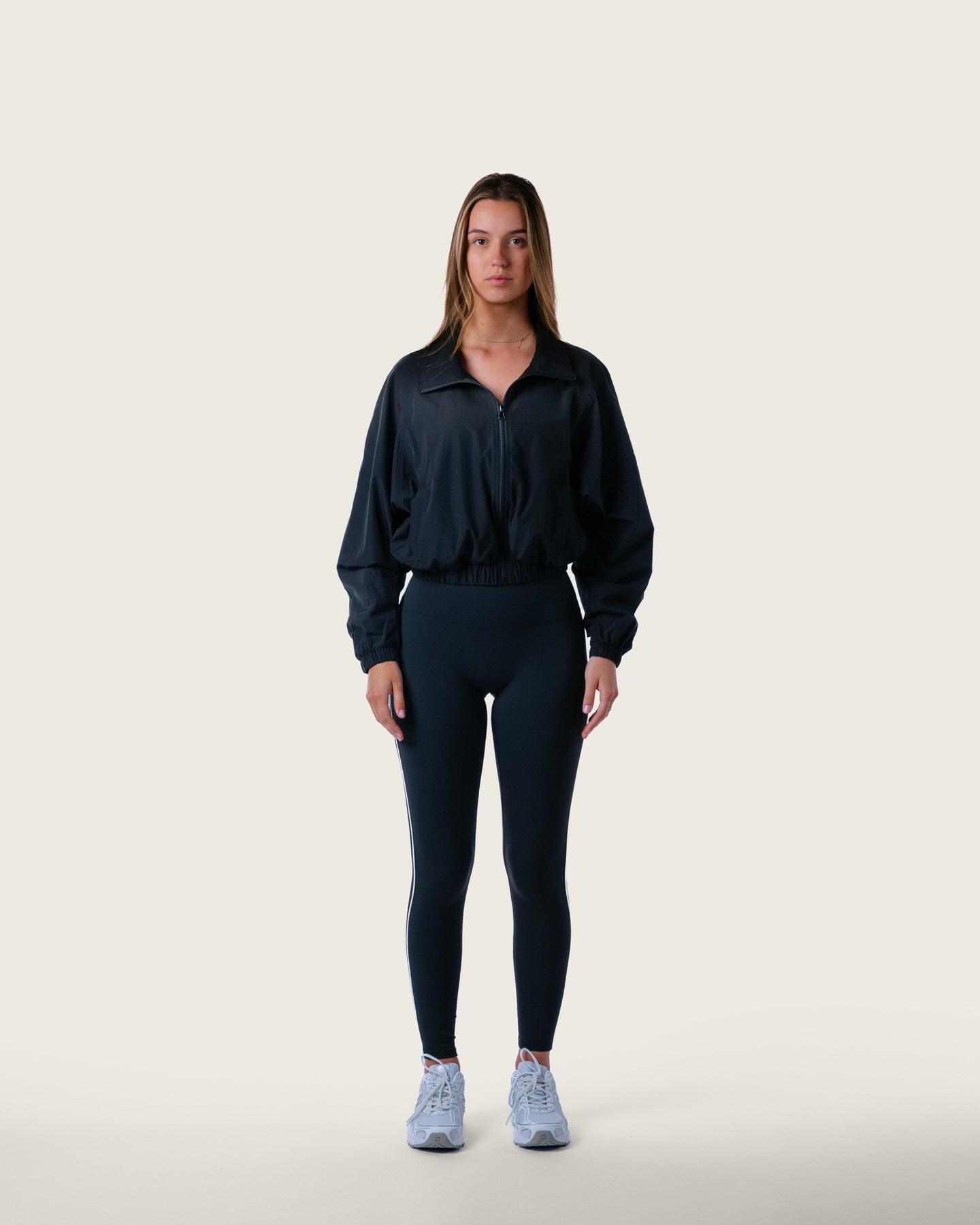 Veste de survêtement femme courte tissée zippée fitness streetwear – noir 4/6