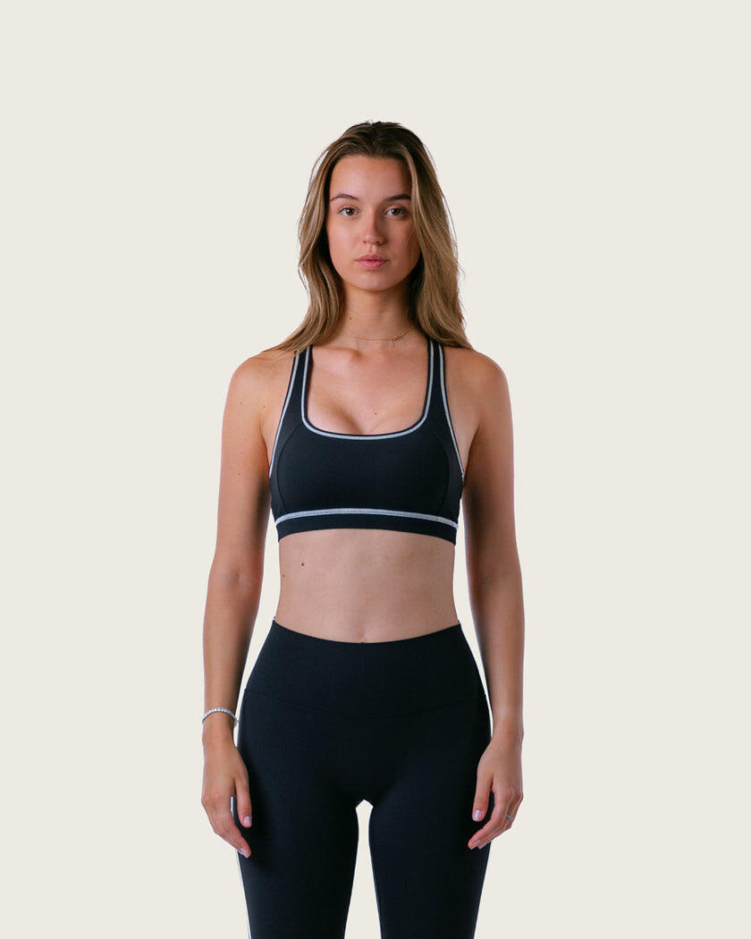 Damski stanik sportowy racerback z kontrastową lamówką na siłownię – czarny