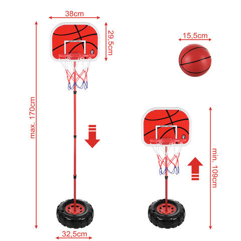 Cos baschet copii, reglabil 109-170 cm, panou 38x29.5 cm, minge si pompa incluse