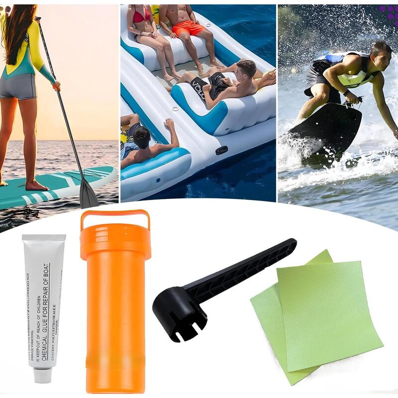 Kit reparatie SUP, caiac si barca gonflabila, petice vinil, lipici, cheie valva