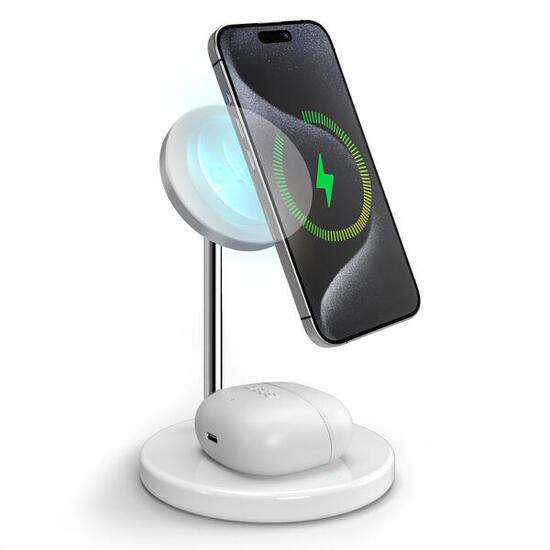 Station de recharge sans fil Qi2 2‑en‑1 pour smartphones