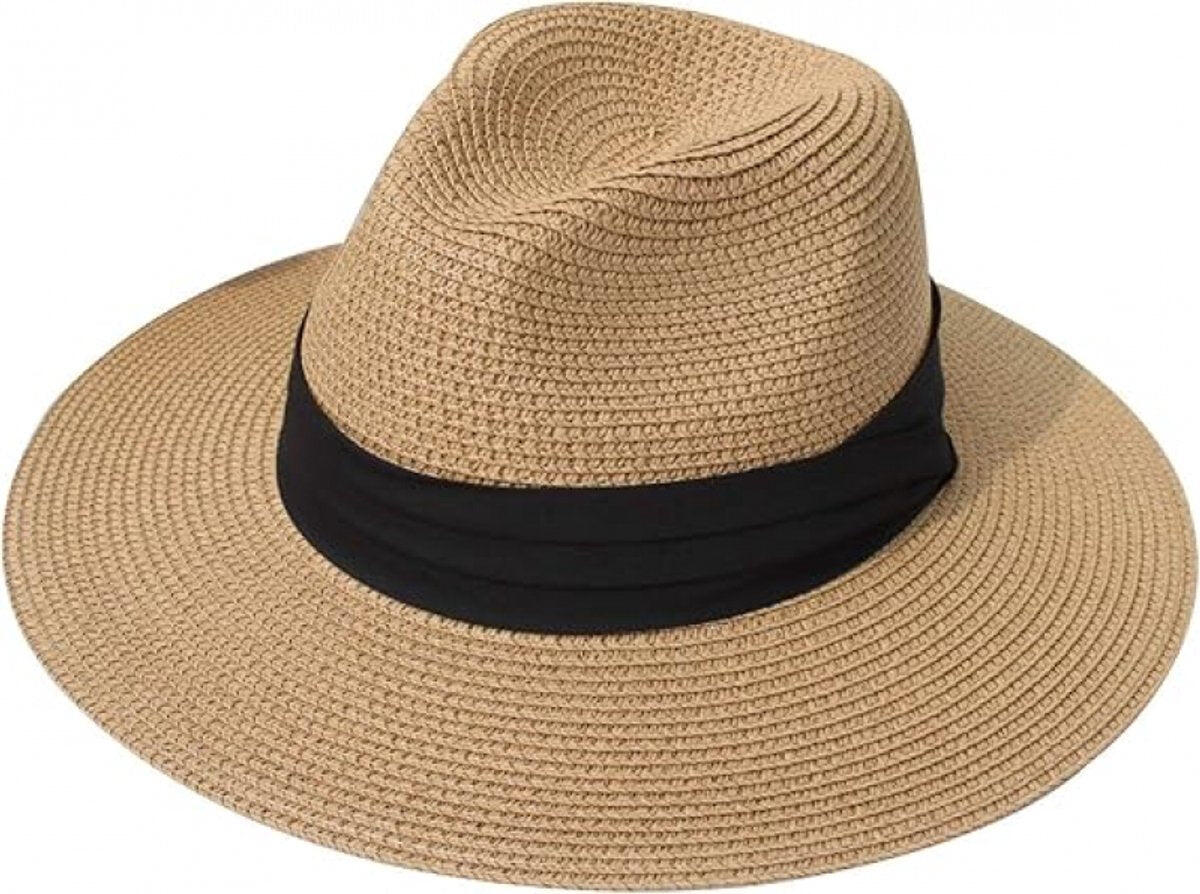 Women Men Straw Hat Panama Hat with Anti-UV for Beach - Khaki