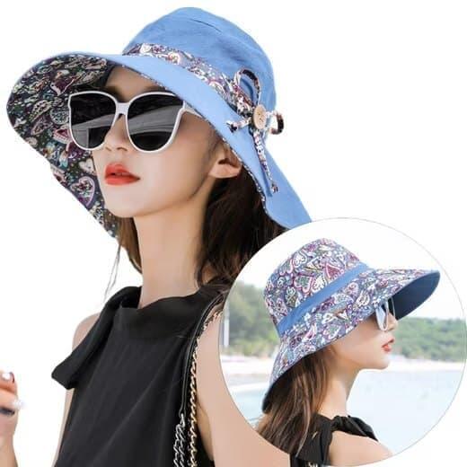 Women Sun Hat UV Protection with Foldable Visor, Double Sided Blue