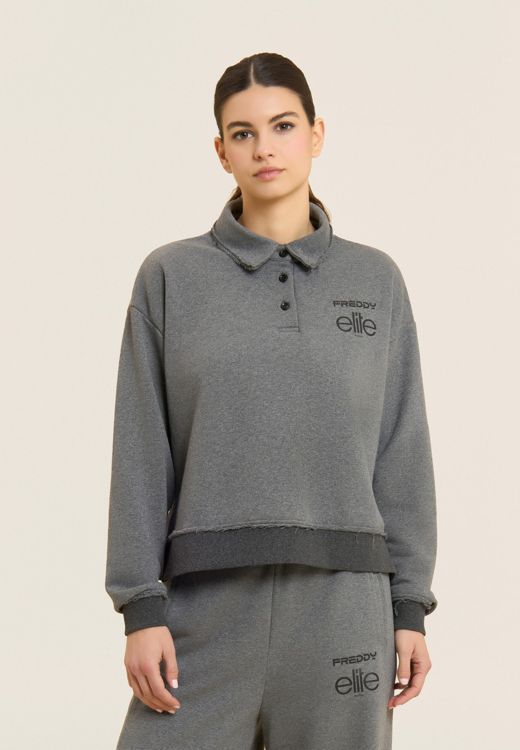 Felpa Cropped Donna Mélange con Scollo Polo Freddy x ELITE 2/5