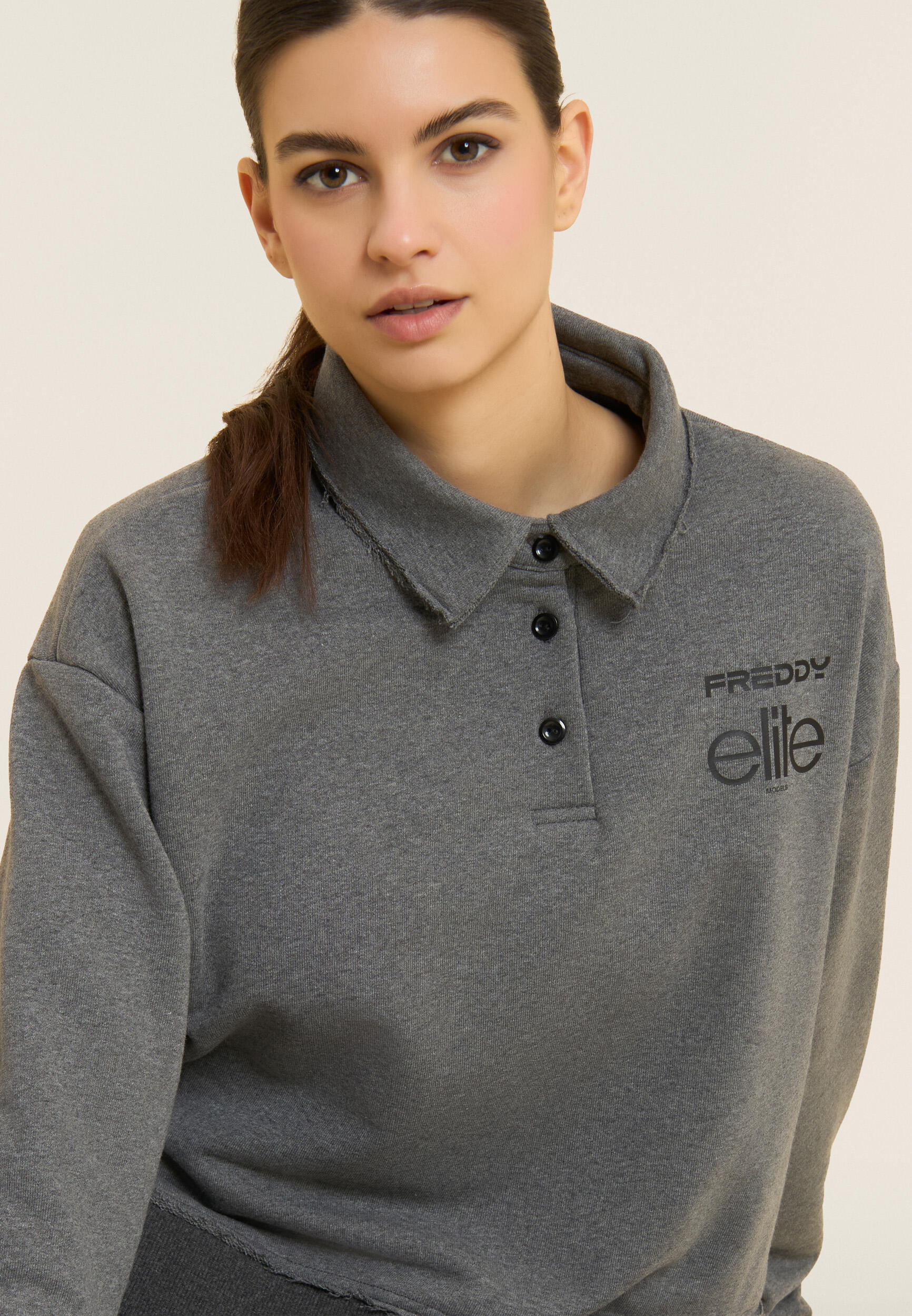 Felpa Cropped Donna Mélange con Scollo Polo Freddy x ELITE 4/5