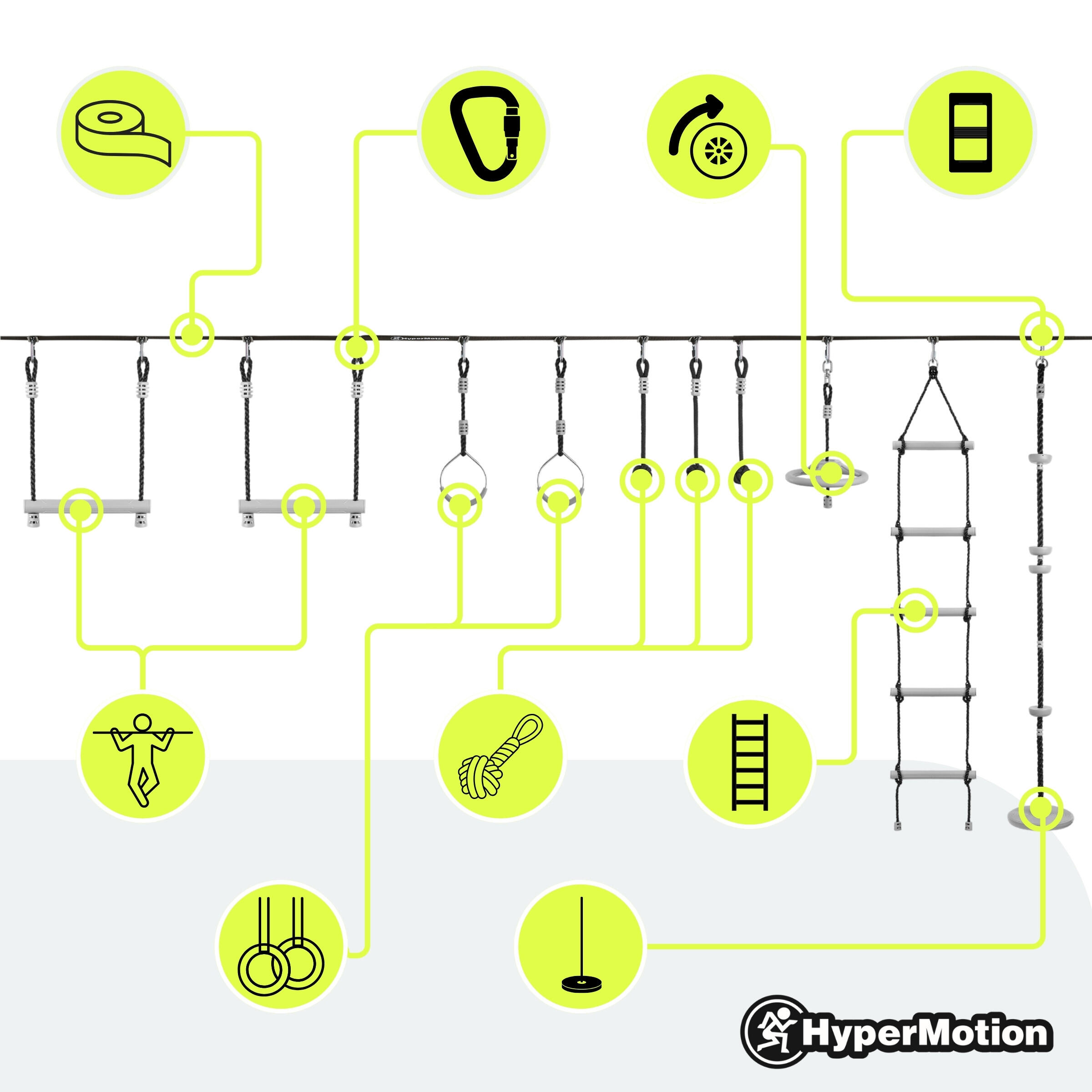 Parcours Ninja Aire de Jeux Kit Slackline 15m 10 Obstacles Enfant Max 113kg 3/7