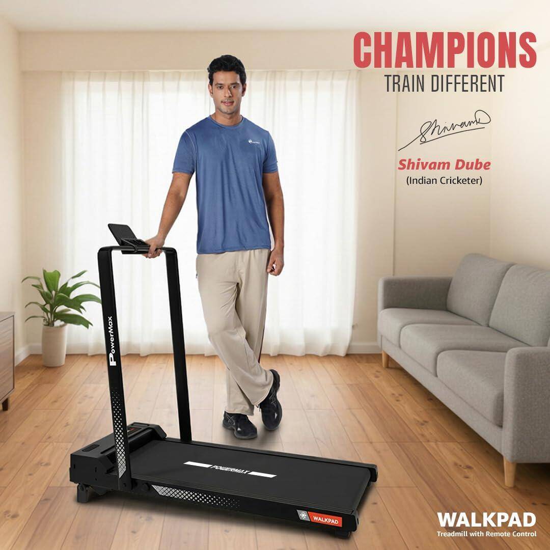 PowerMax Fitness WALKPAD (3HP Peak) Compact Motorized Treadmill for Home-Office use with Remote Control, Max User 110kg, Top Speed 10km/h, 1000x400mm Running Deck, LED Display, iPad & Mobile Holder -  2