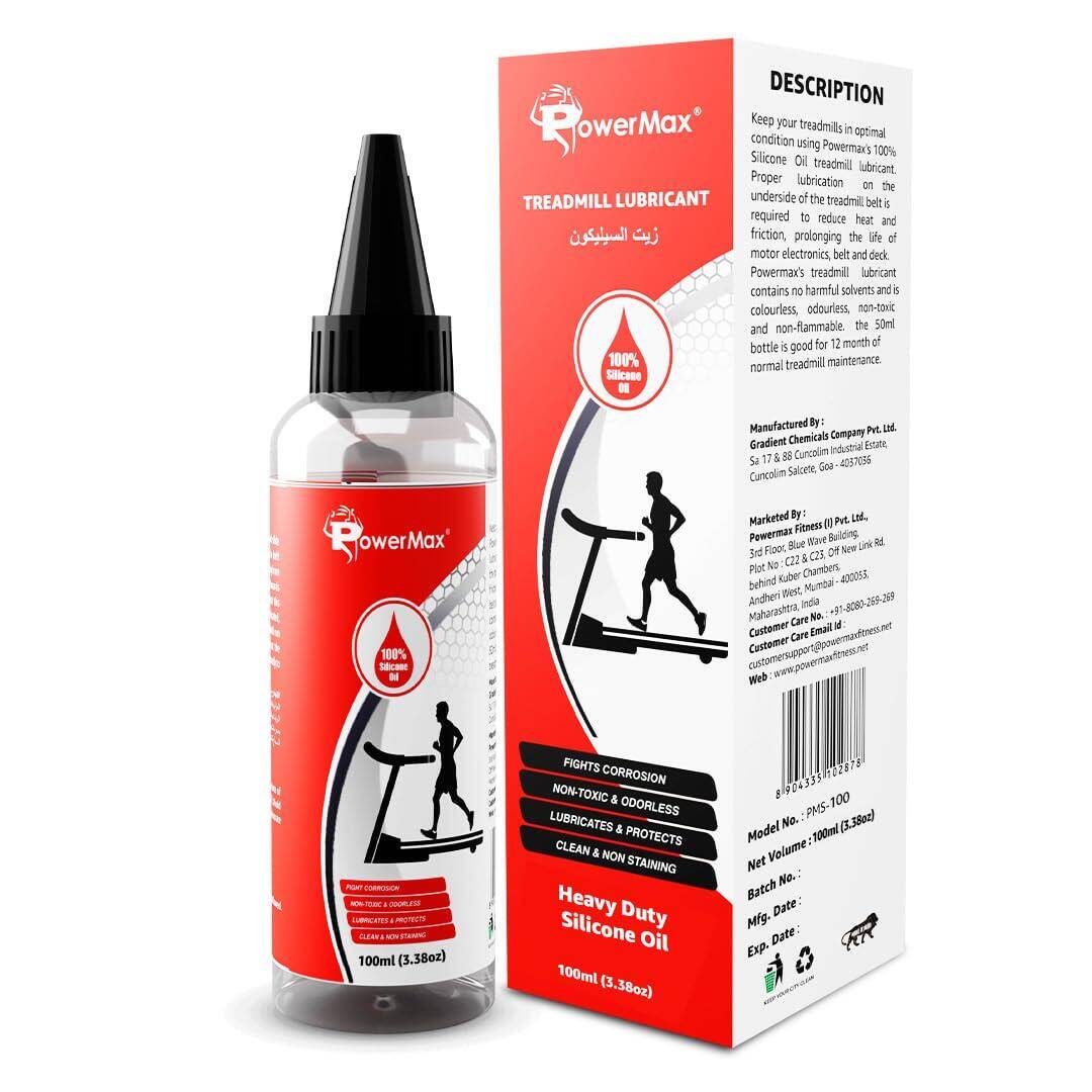 PowerMax Fitness Multi-Purpose PMS-100 (100ml Silicone Oil Bottle) 100% Pure Silicone Treadmill Belt Lubricant, Full Belt Width Lubrication, No Odor & No Propellants, Nozzle Cap for Easy Application -  1