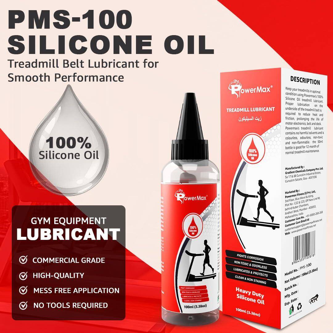 PowerMax Fitness Multi-Purpose PMS-100 (100ml Silicone Oil Bottle) 100% Pure Silicone Treadmill Belt Lubricant, Full Belt Width Lubrication, No Odor & No Propellants, Nozzle Cap for Easy Application -  2