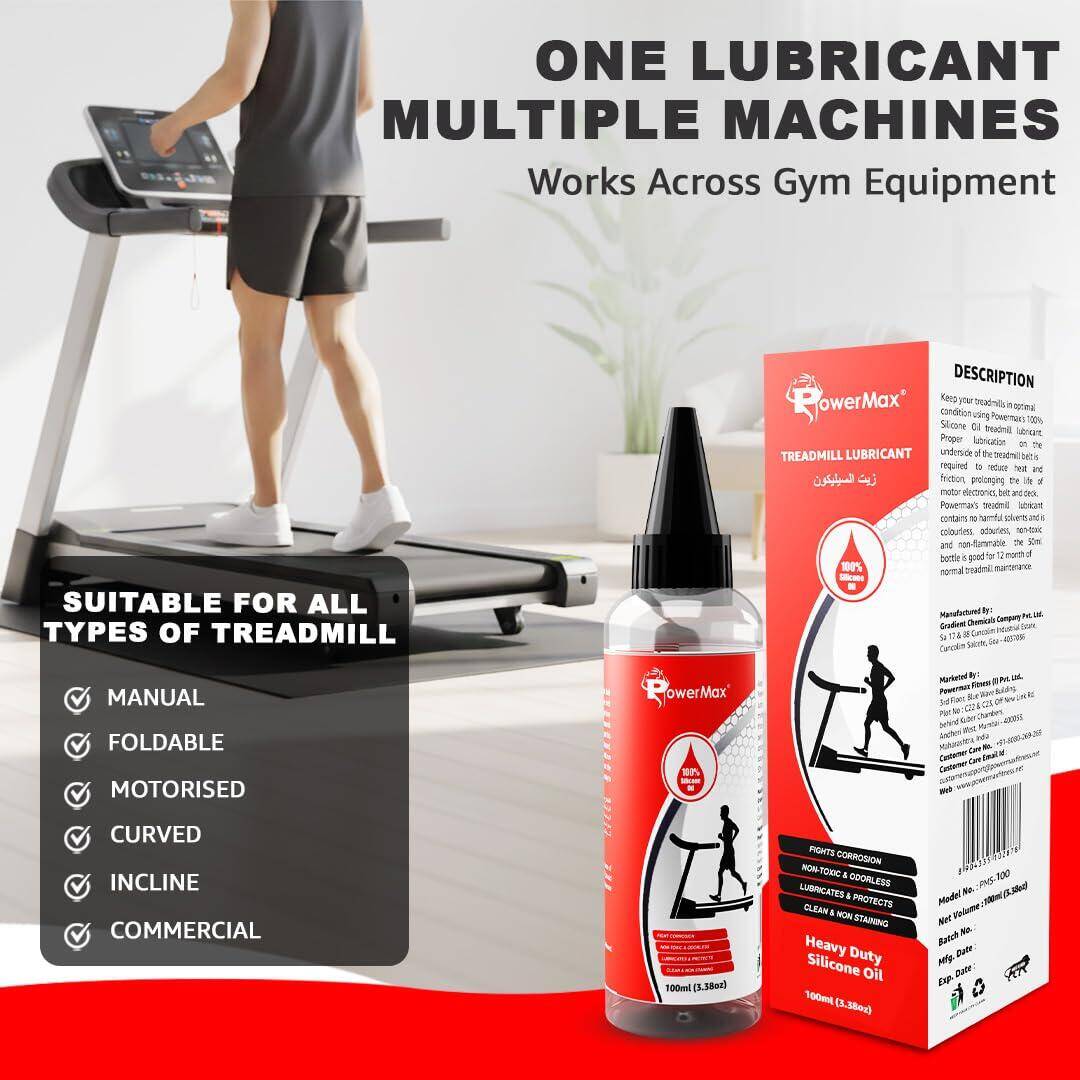 PowerMax Fitness Multi-Purpose PMS-100 (100ml Silicone Oil Bottle) 100% Pure Silicone Treadmill Belt Lubricant, Full Belt Width Lubrication, No Odor & No Propellants, Nozzle Cap for Easy Application -  5