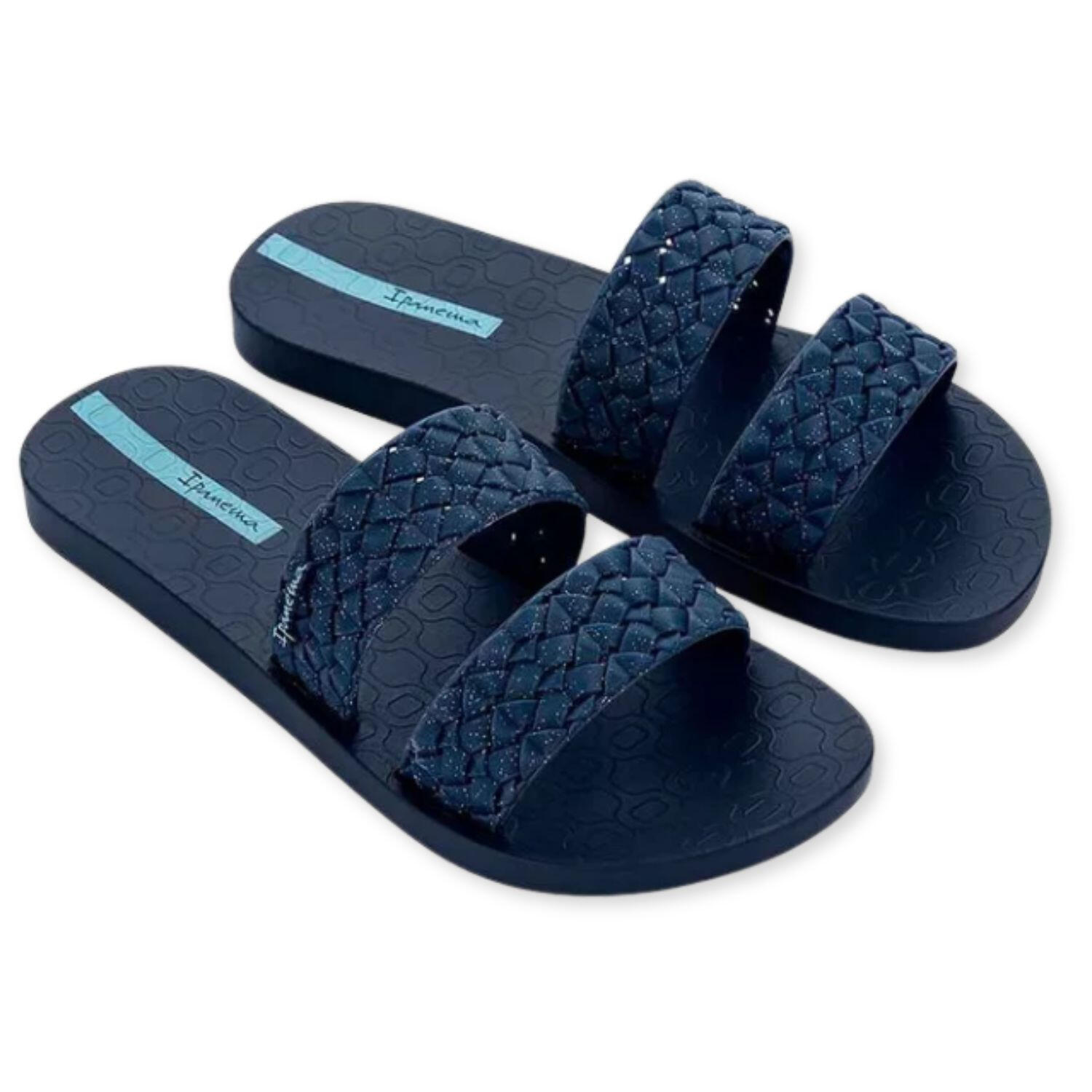 Șlapi de damă Ipanema Renda II bleumarin cu sclipici și curele împletite
