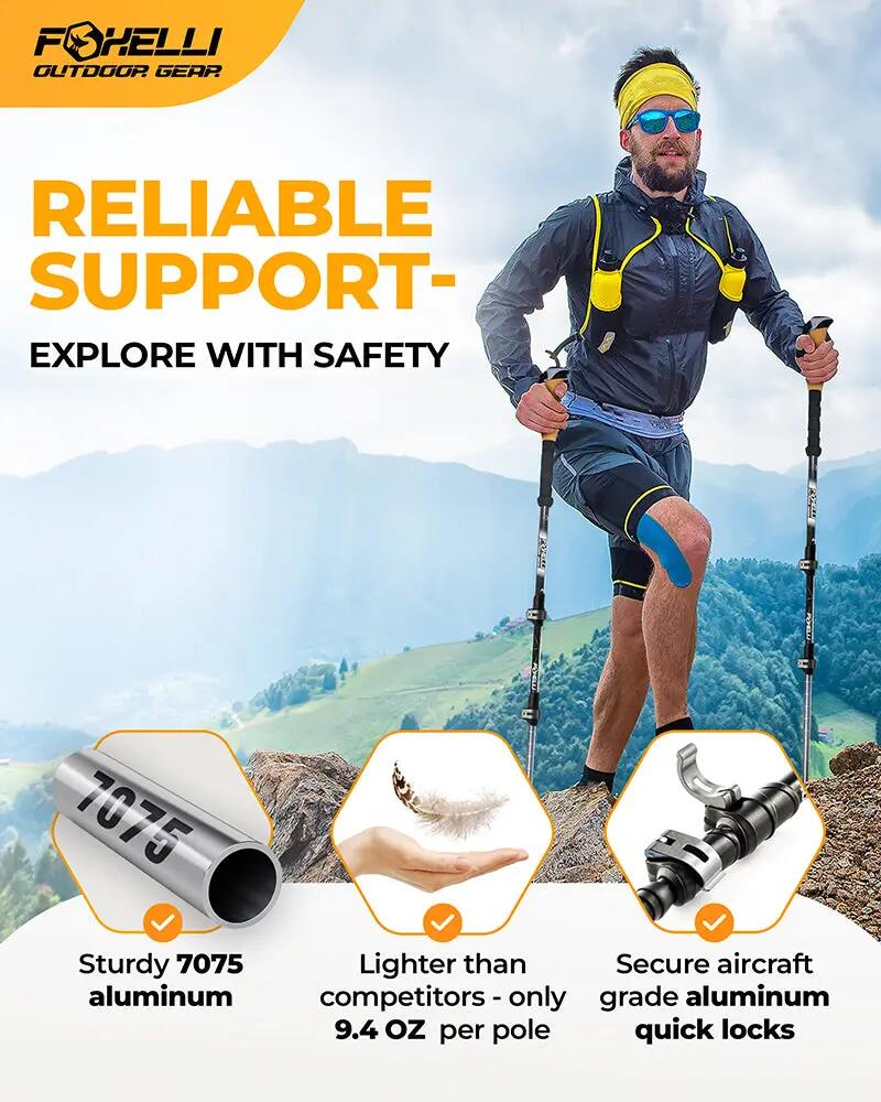Bâtons de Trekking Foxelli – Aluminium 7075 pliables, poignées liège 2/7