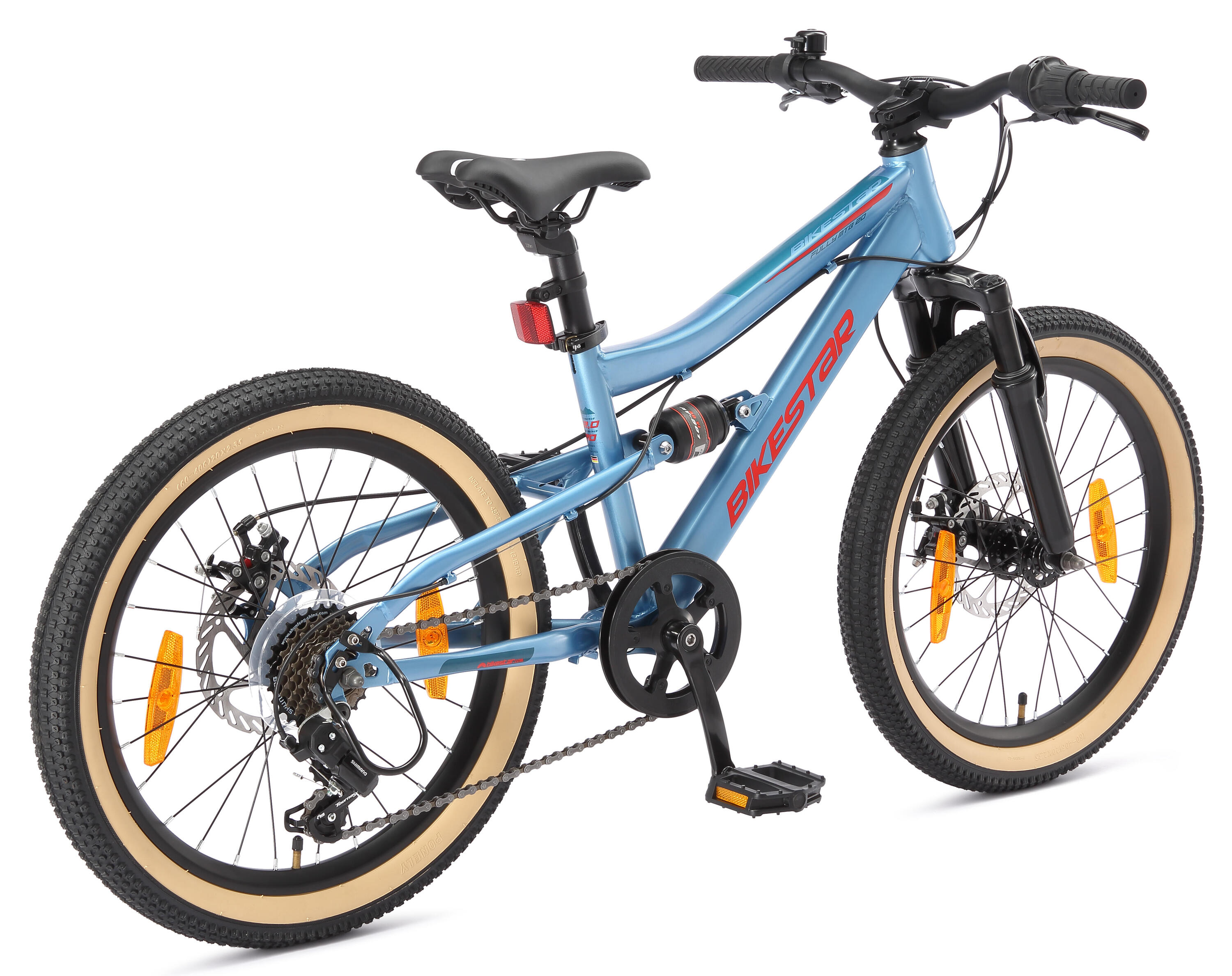 MTB 20" kinderfiets 6 jaar, volledig geveerde, 7 versnellingen, schijfremmen 4/7