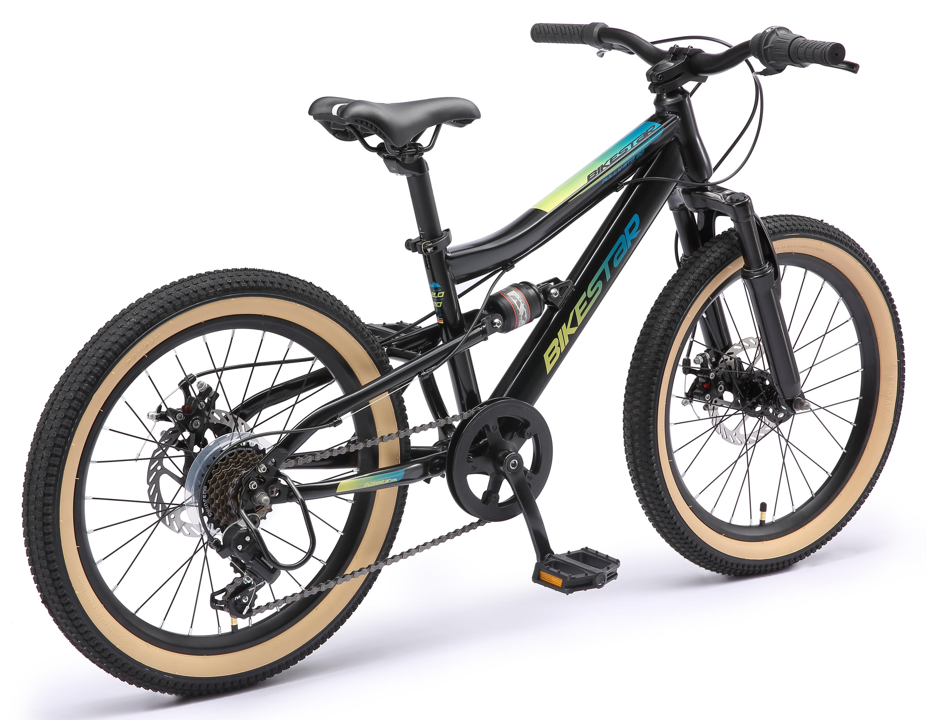 MTB 20" kinderfiets 6 jaar, volledig geveerde, 7 versnellingen, schijfremmen 4/7